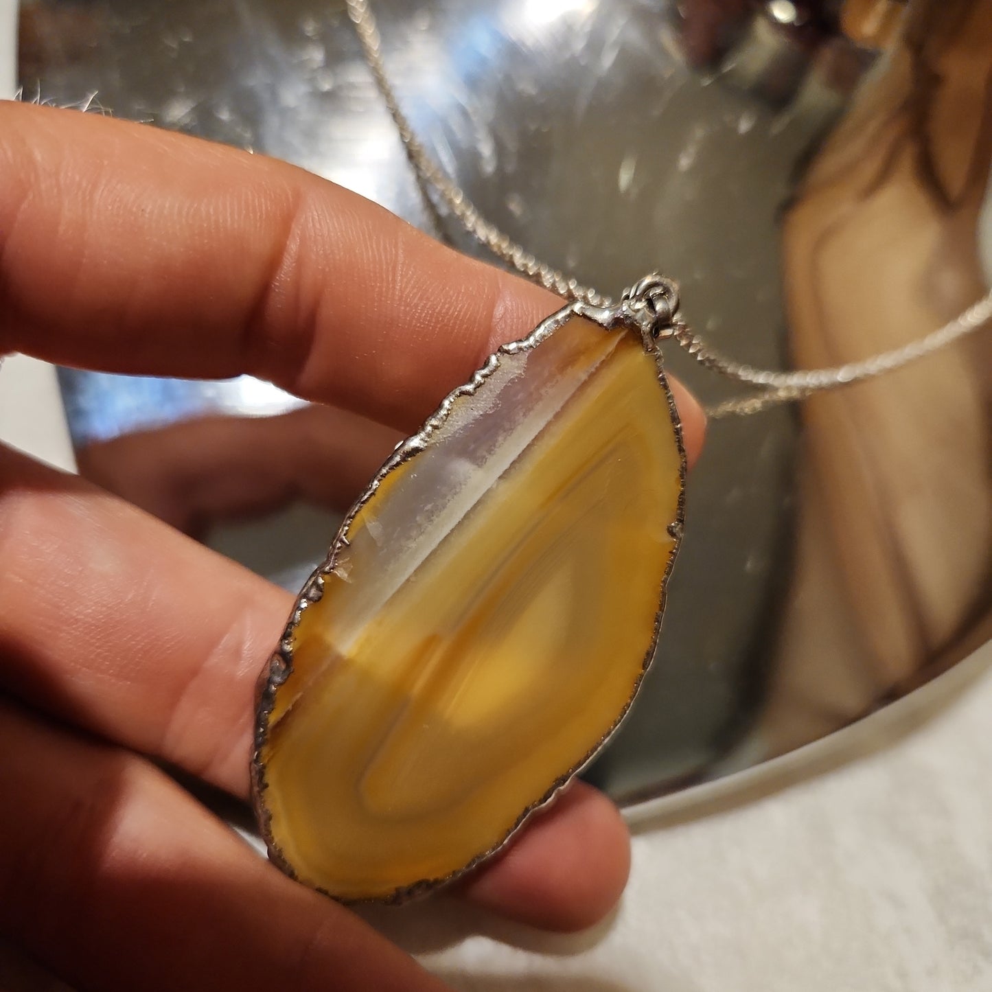 Agate Sliced Jewelry, Silver Dipped Natural Stone Pendent Necklace