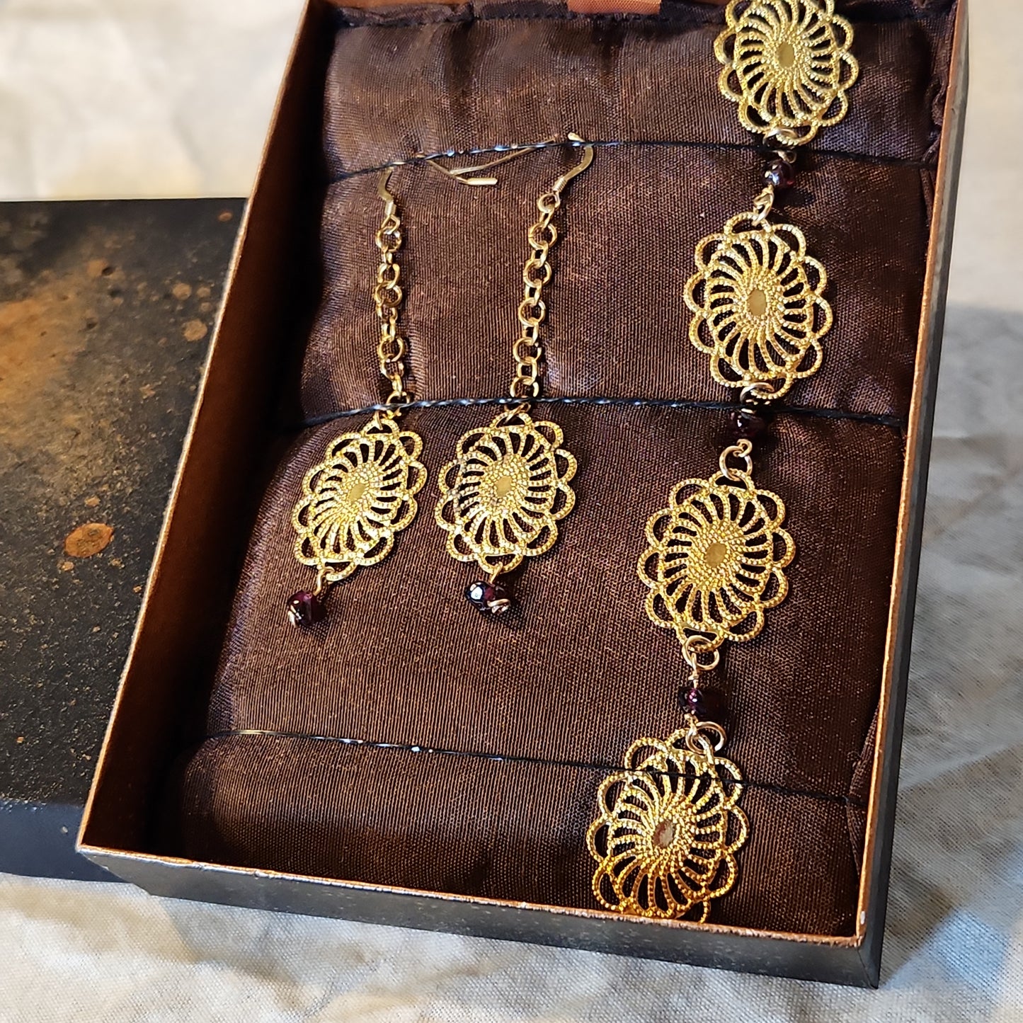 Sold Esther's Gold Bezel Beaded Garnet Earring Bracelet Set