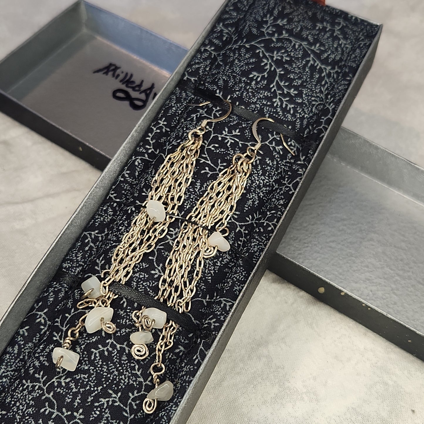 Beaded Starry Night Moonstone Silver Chandelier Earrings