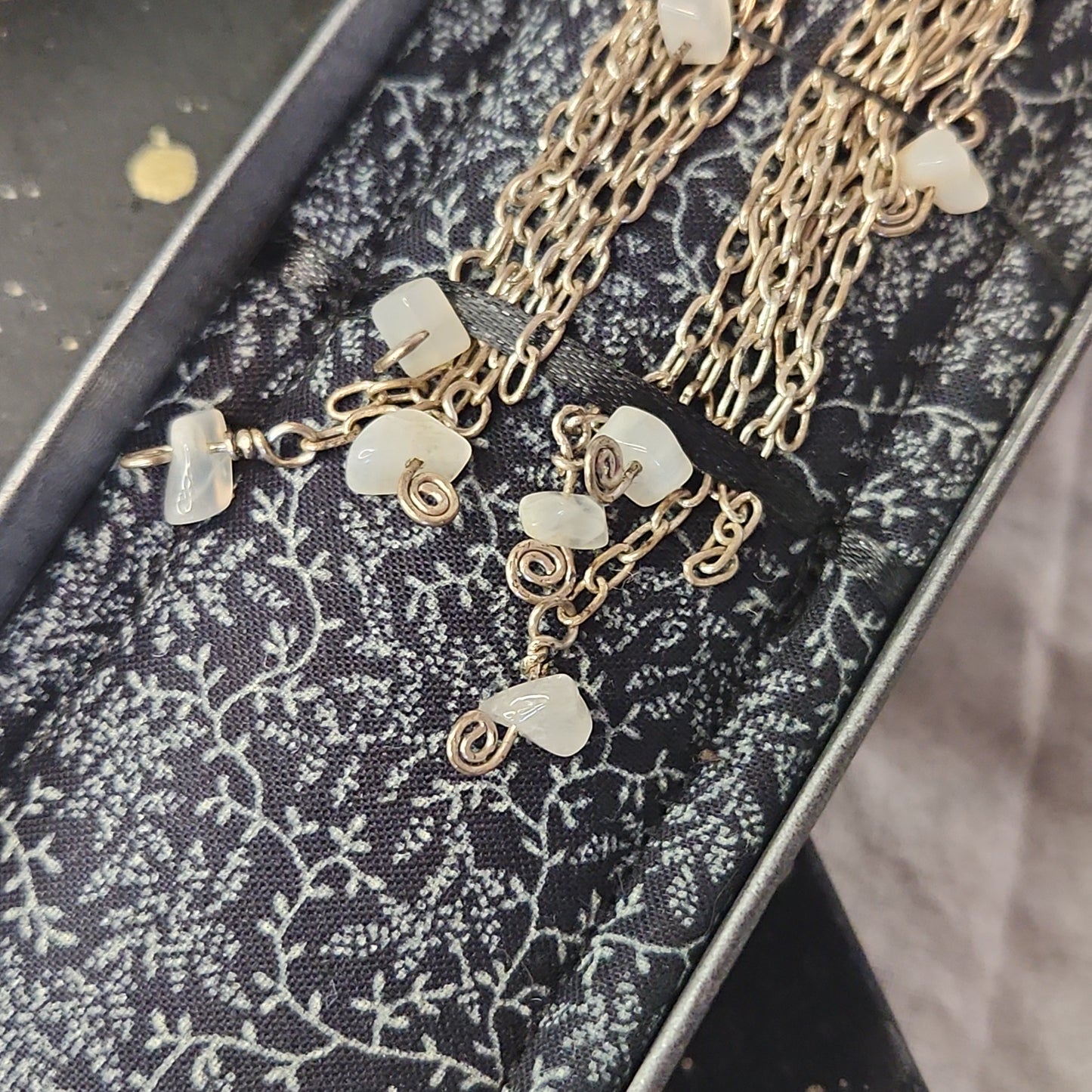 Beaded Starry Night Moonstone Silver Chandelier Earrings