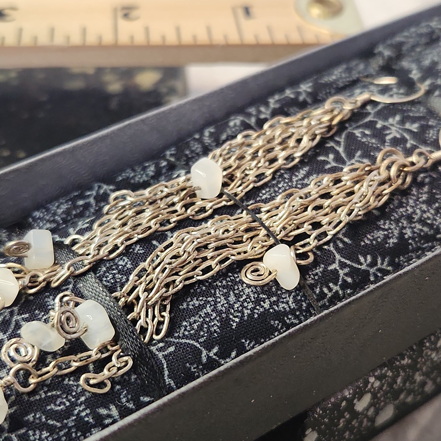Beaded Starry Night Moonstone Silver Chandelier Earrings