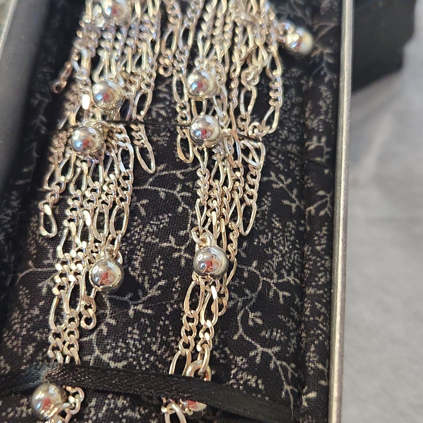 Beaded Silver Balls Cascading Waterfall Long Chandelier Earrings