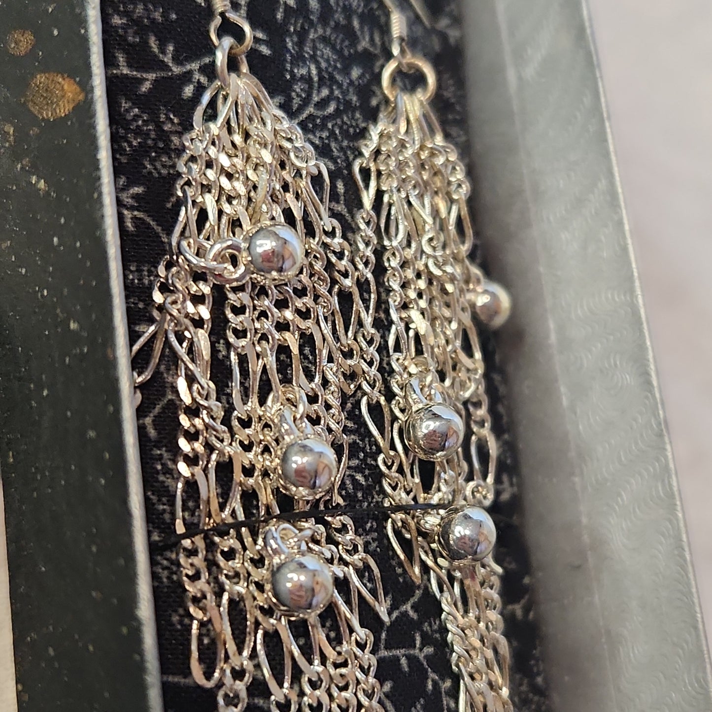 Beaded Silver Balls Cascading Waterfall Long Chandelier Earrings