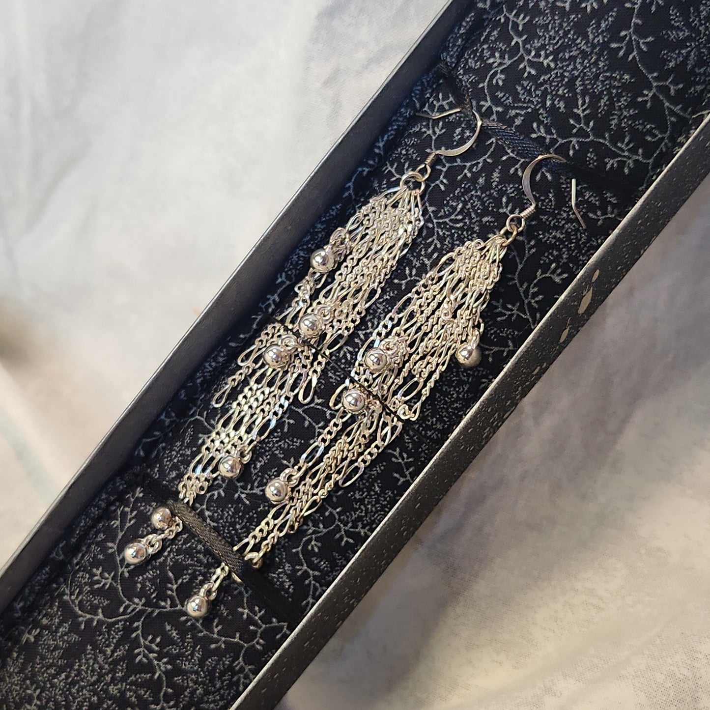 Beaded Silver Balls Cascading Waterfall Long Chandelier Earrings