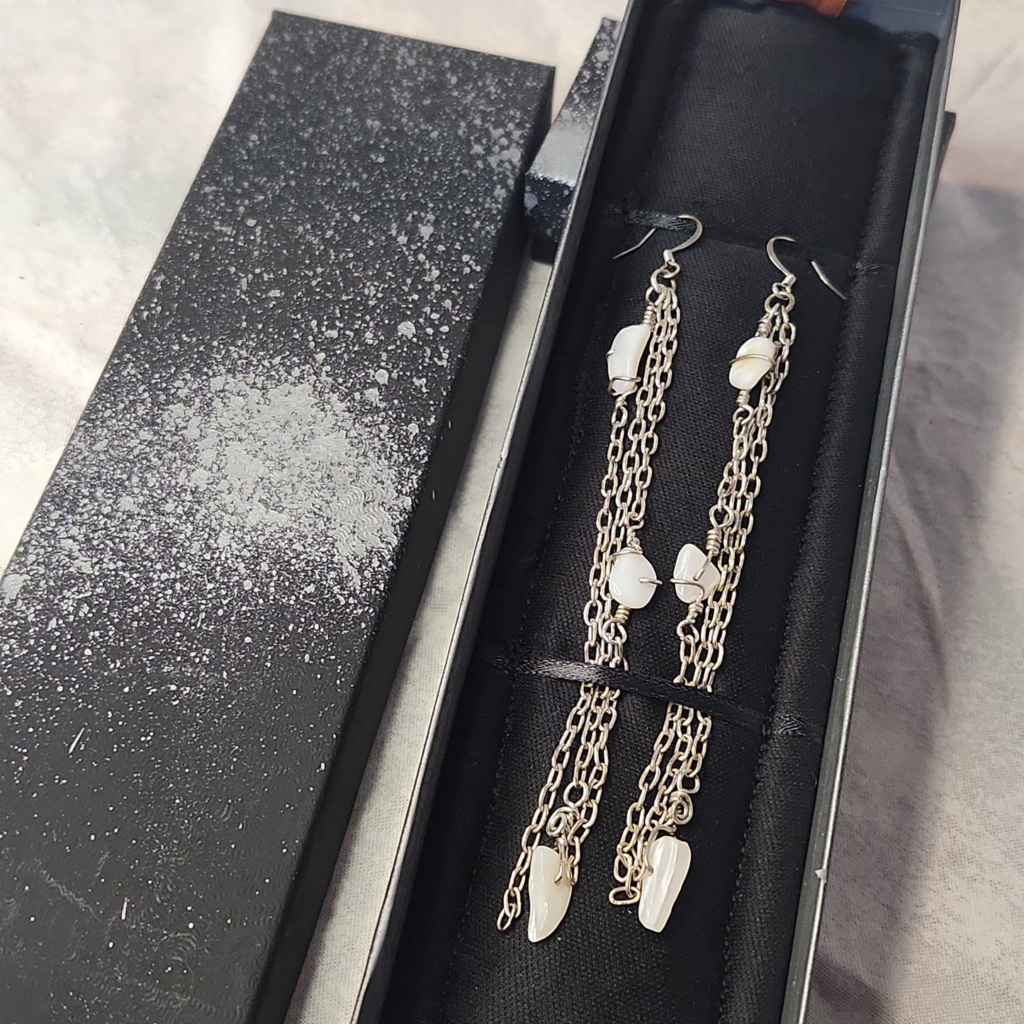 Beaded Mother of Pearl Silver Chandelier Earrings