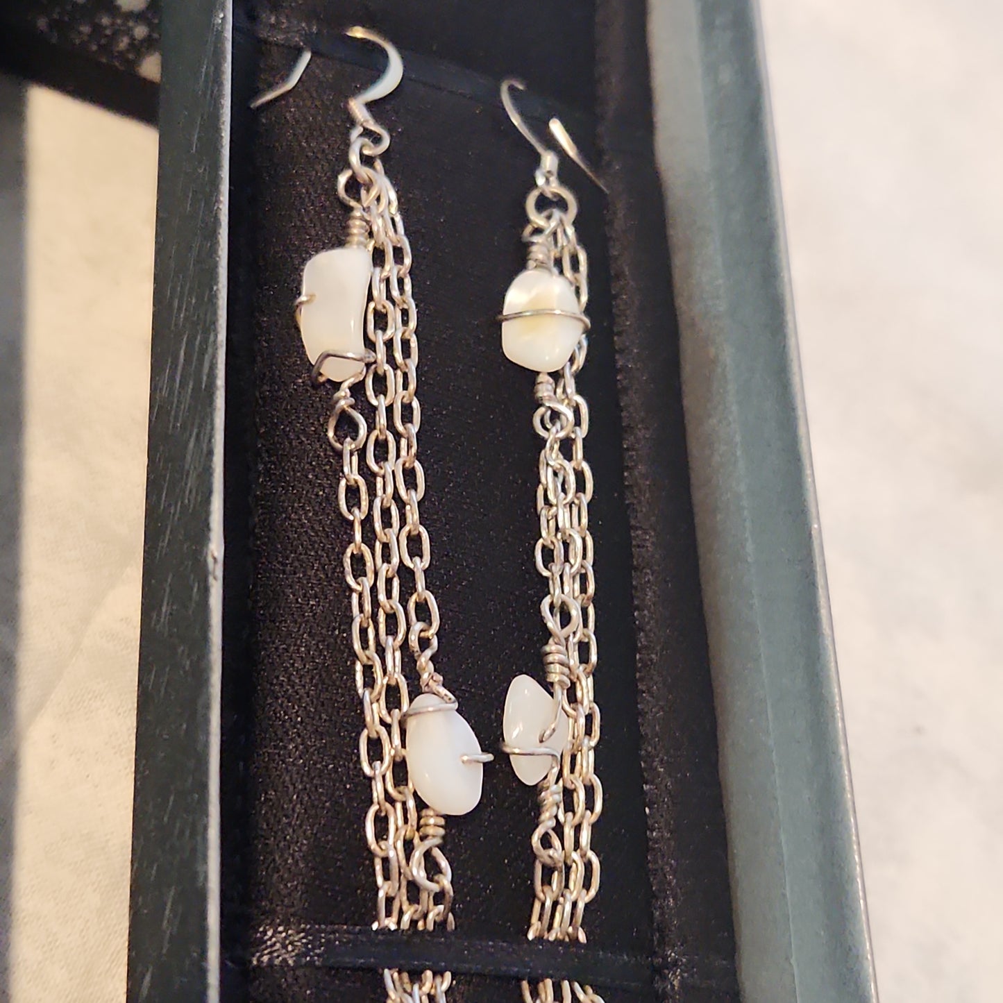 Beaded Mother of Pearl Silver Chandelier Earrings
