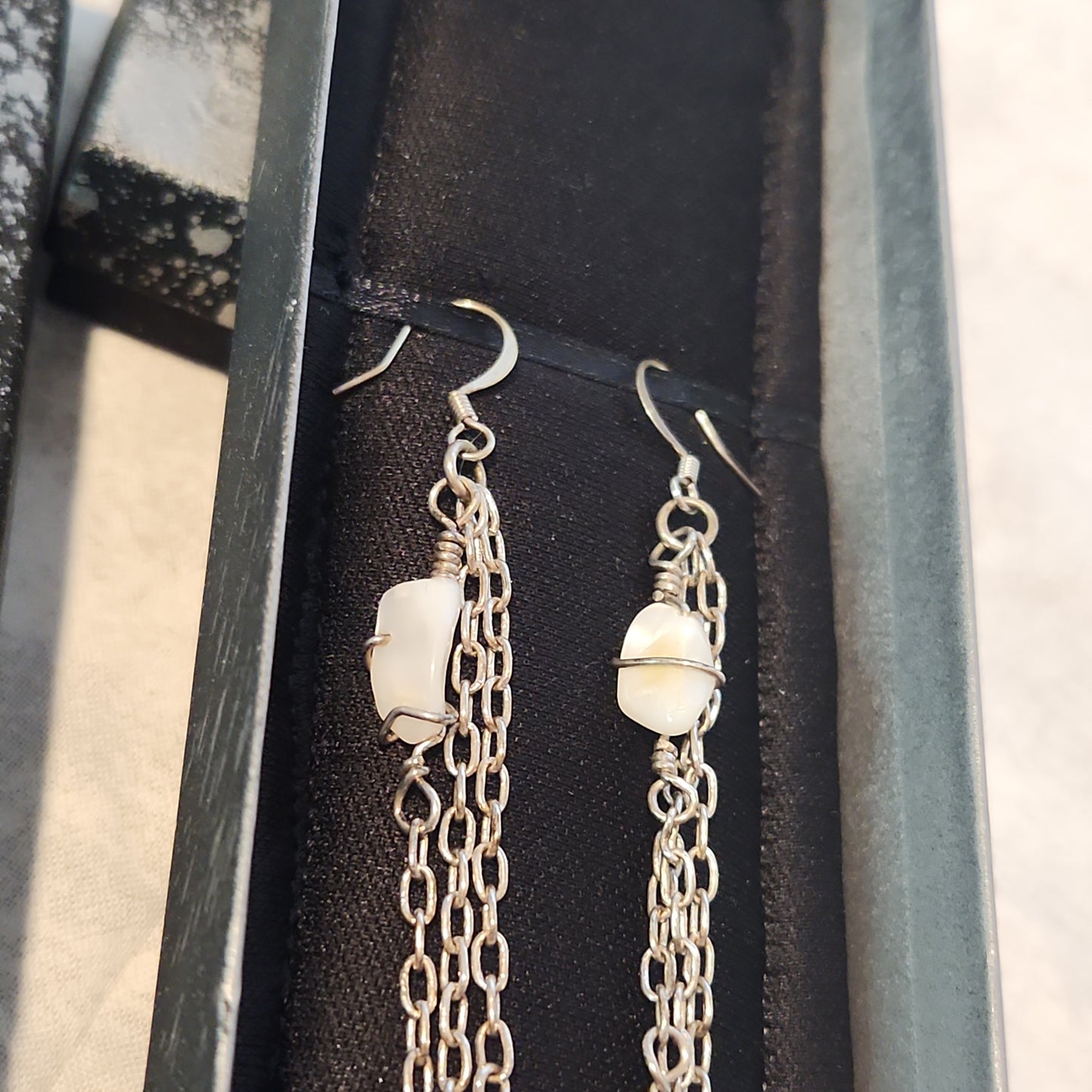 Beaded Mother of Pearl Silver Chandelier Earrings