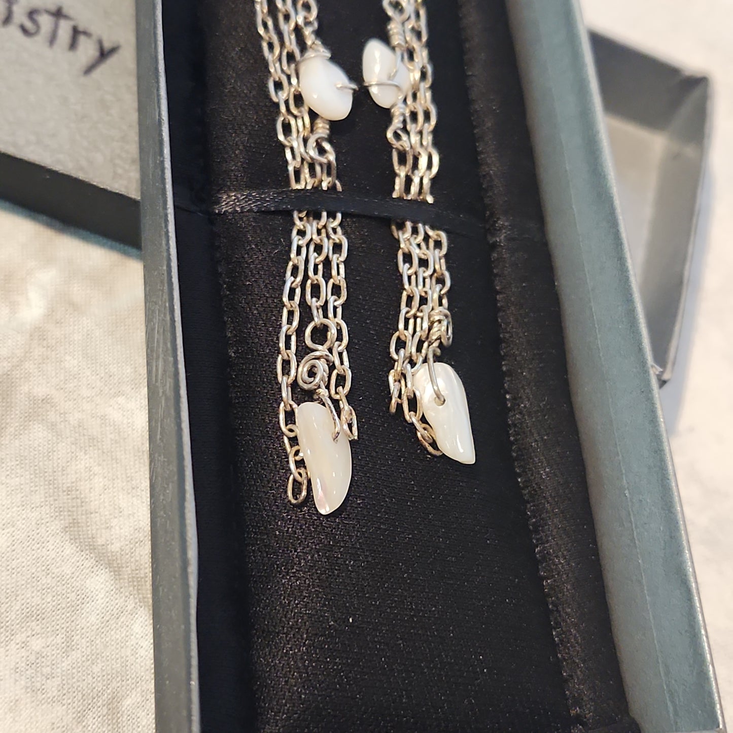 Beaded Mother of Pearl Silver Chandelier Earrings