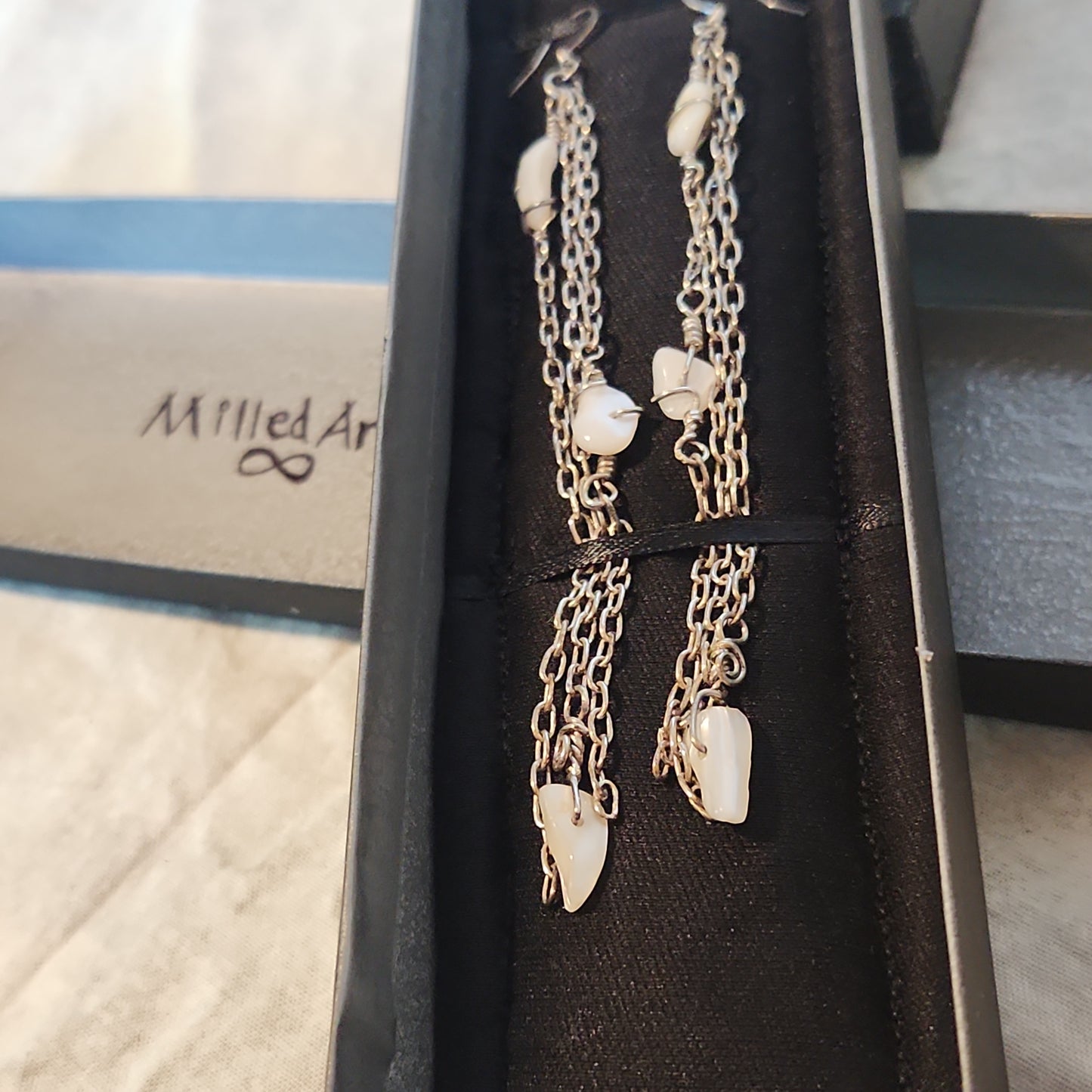 Beaded Mother of Pearl Silver Chandelier Earrings
