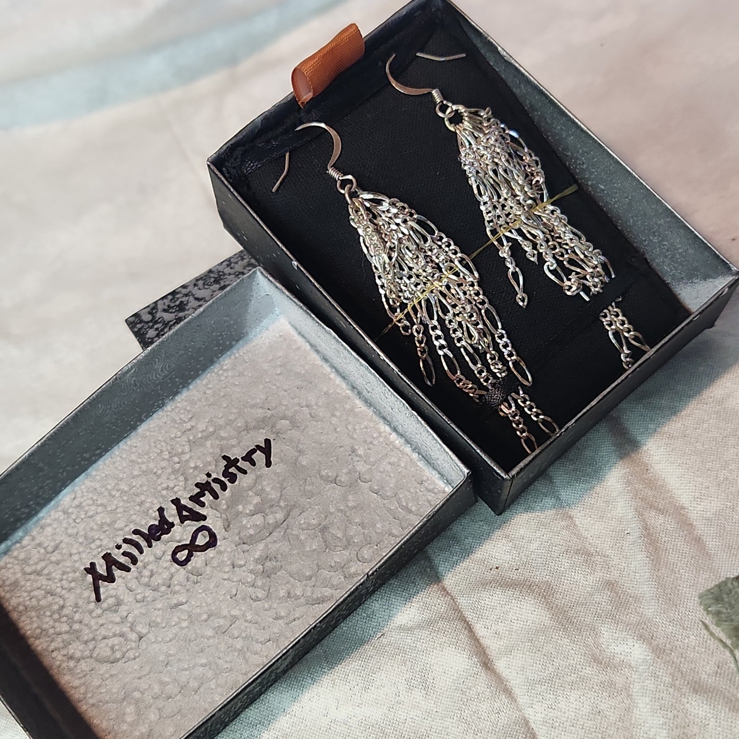 Chain Jewelry, Figaro Silver Feather Tassel Chain Earrings
