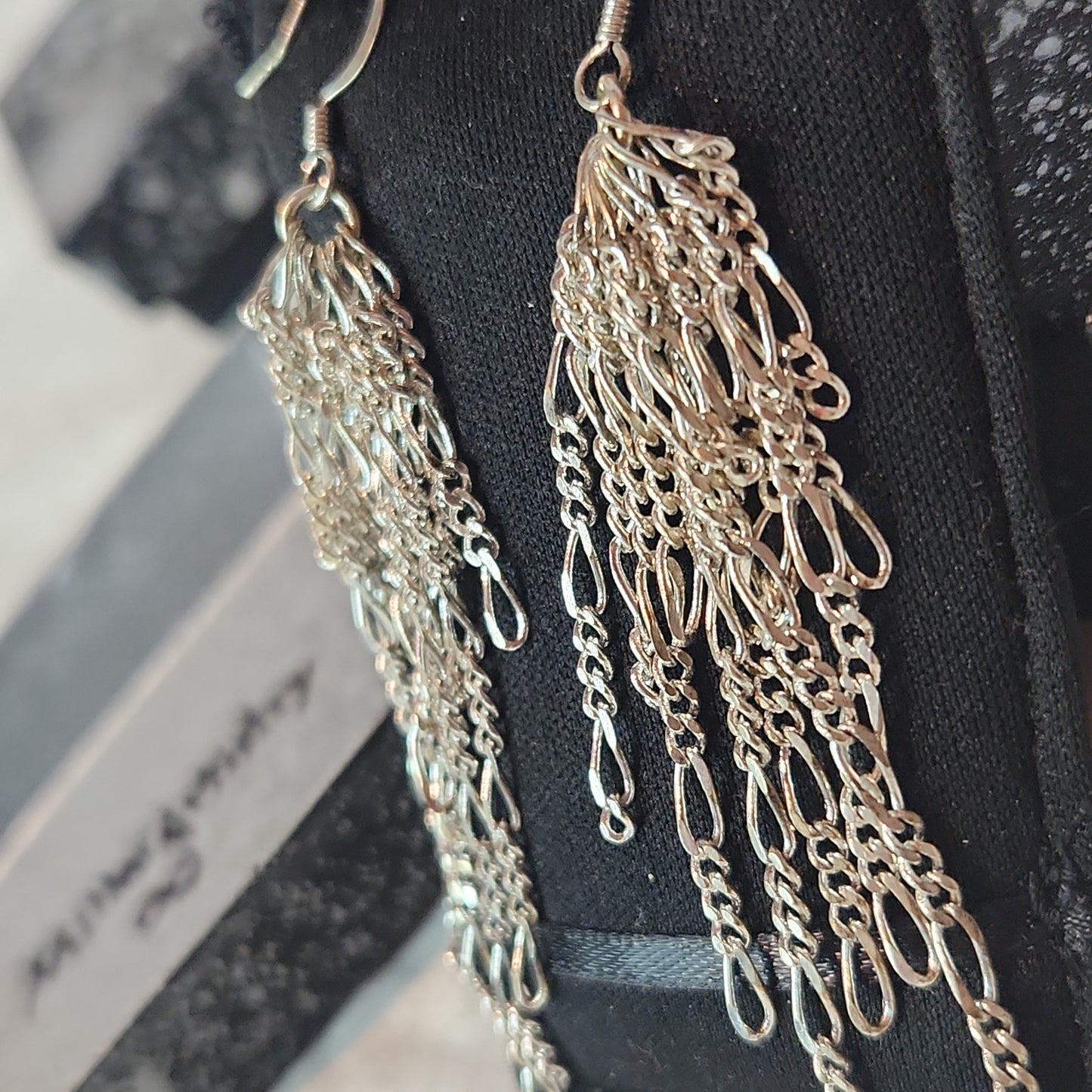 Chain Jewelry, Figaro Silver Feather Tassel Chain Earrings