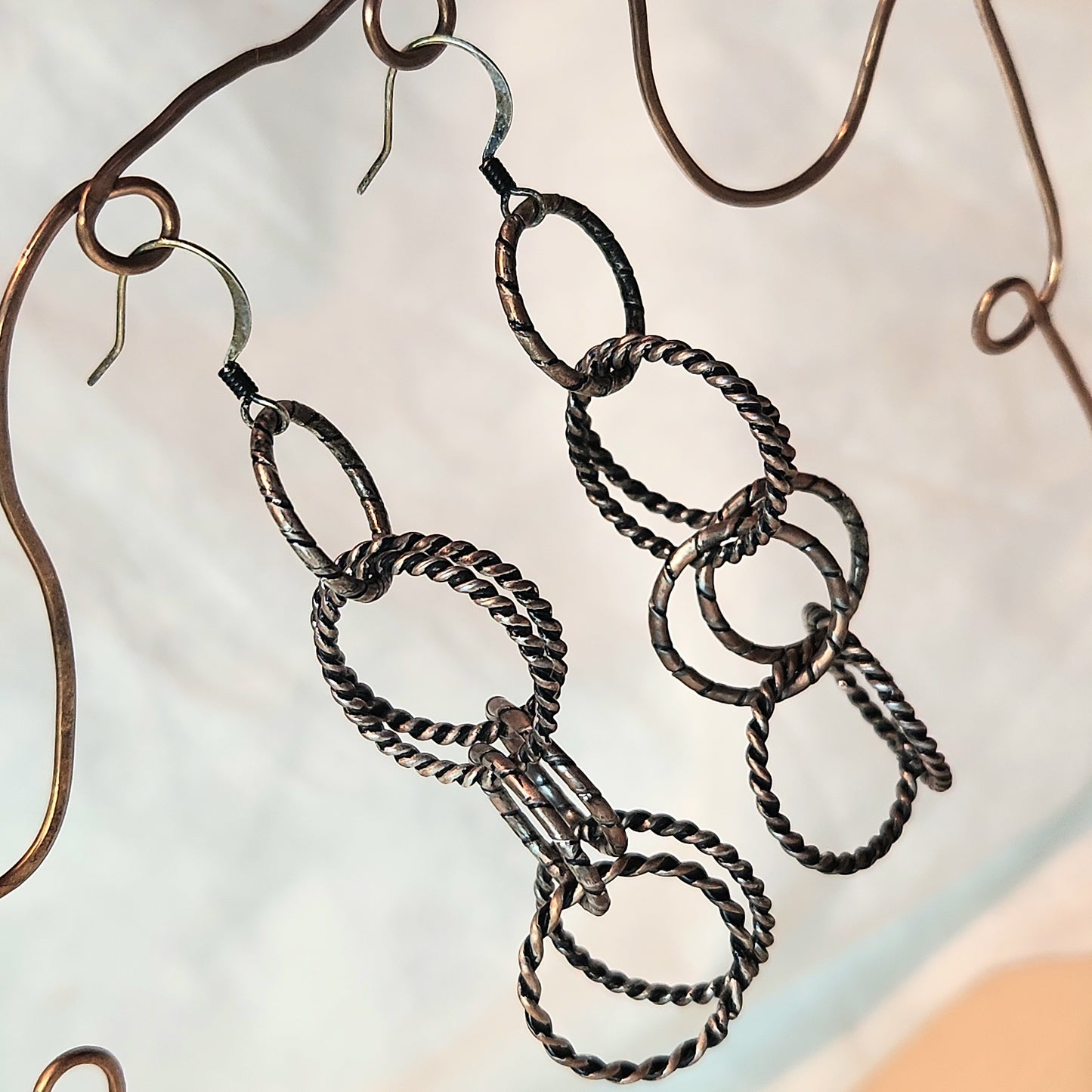 Silver Copper Brushed Antiqued/Blackened Chandalier Earrings 3" Medium Drop, Rustic-Glam Circle Chain Jewelry