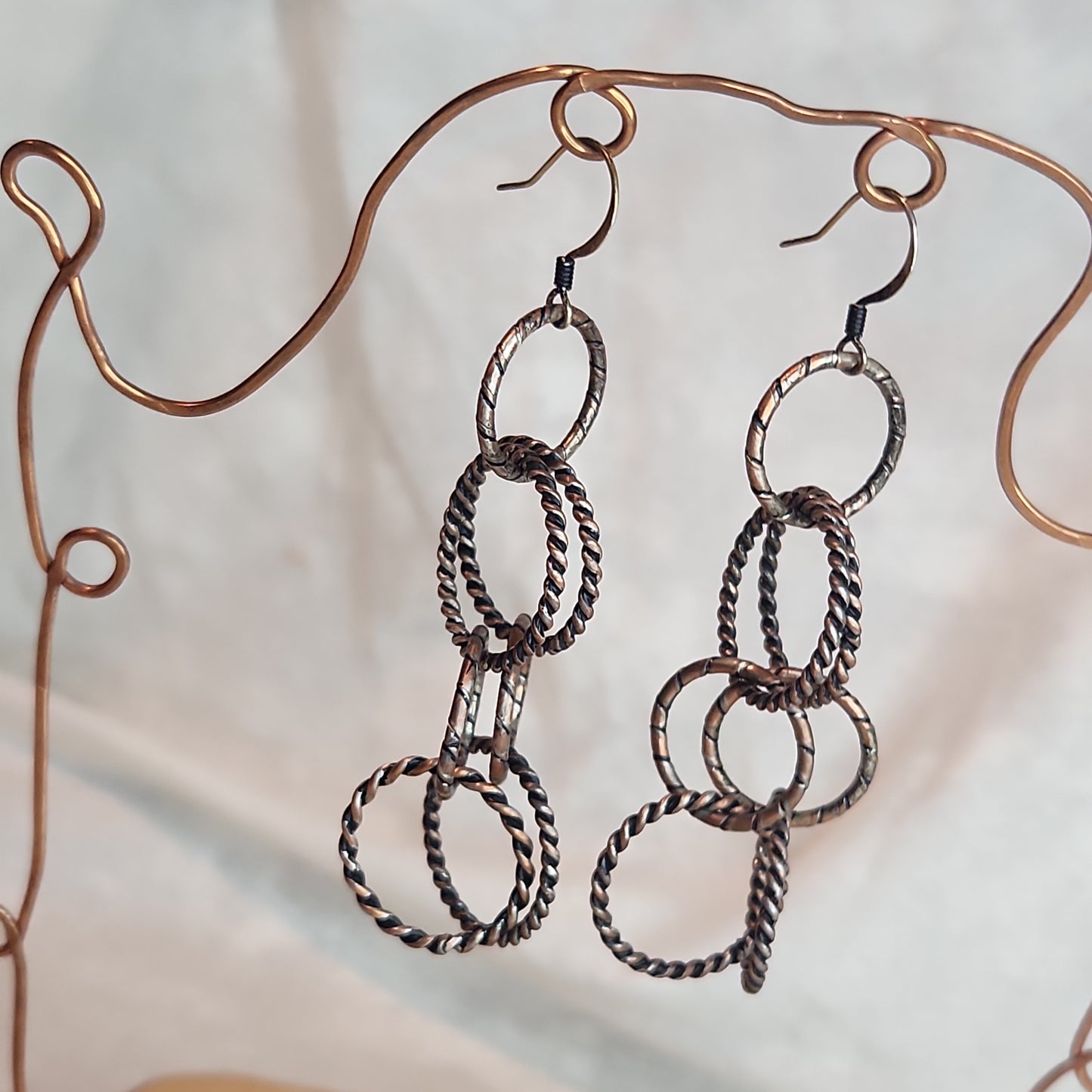 Silver Copper Brushed Antiqued/Blackened Chandalier Earrings 3" Medium Drop, Rustic-Glam Circle Chain Jewelry