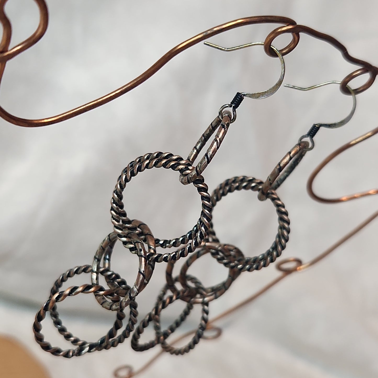 Silver Copper Brushed Antiqued/Blackened Chandalier Earrings 3" Medium Drop, Rustic-Glam Circle Chain Jewelry
