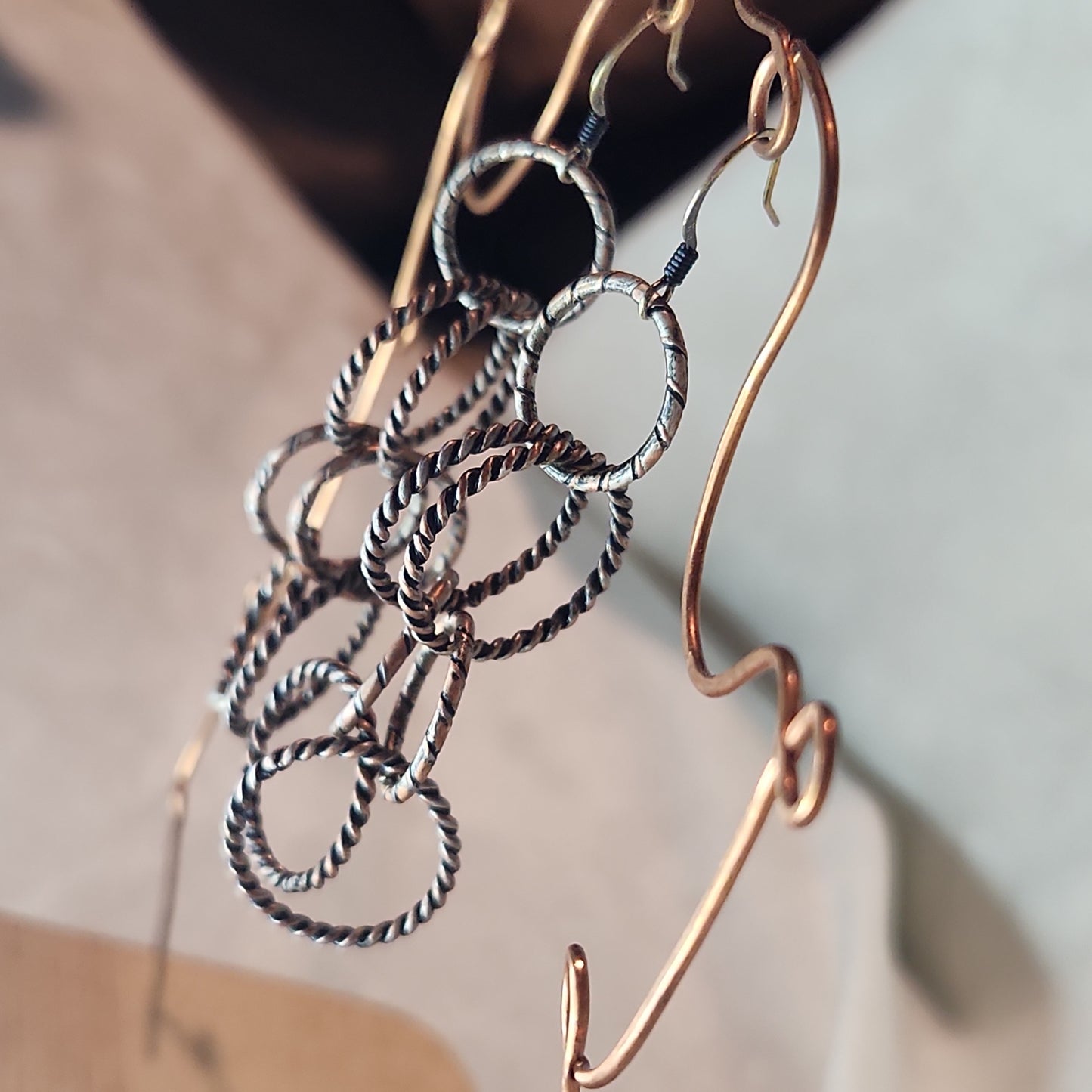 Silver Copper Brushed Antiqued/Blackened Chandalier Earrings 3" Medium Drop, Rustic-Glam Circle Chain Jewelry