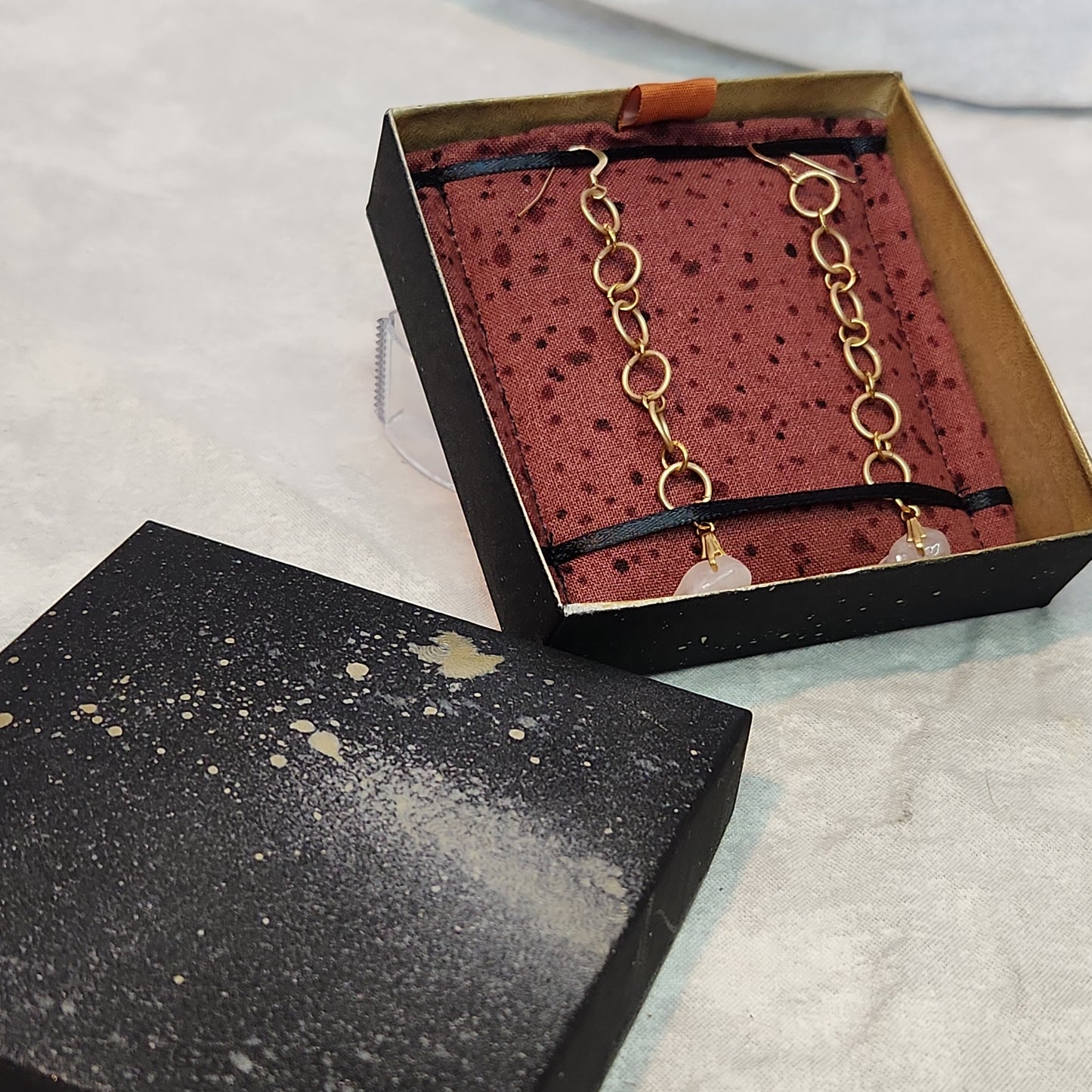 Beaded Gold p. Long Drop Rose Quartz Earrings