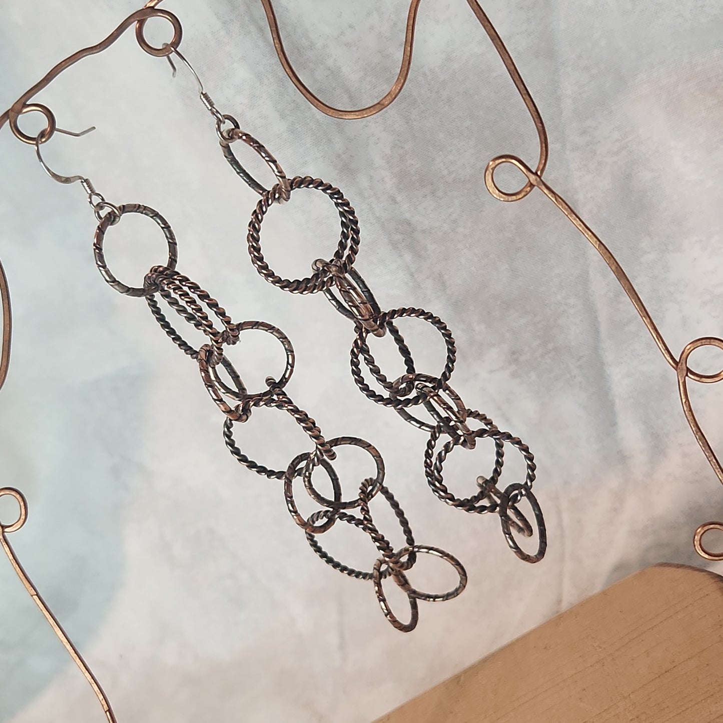 Silver Copper Brushed Circle Chain Earrings 4 3/4" Long, Circle Chain Jewelry
