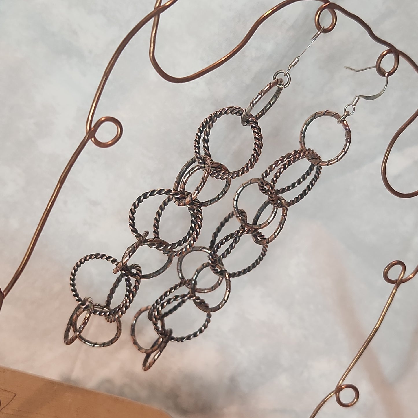 Silver Copper Brushed Circle Chain Earrings 4 3/4" Long, Circle Chain Jewelry