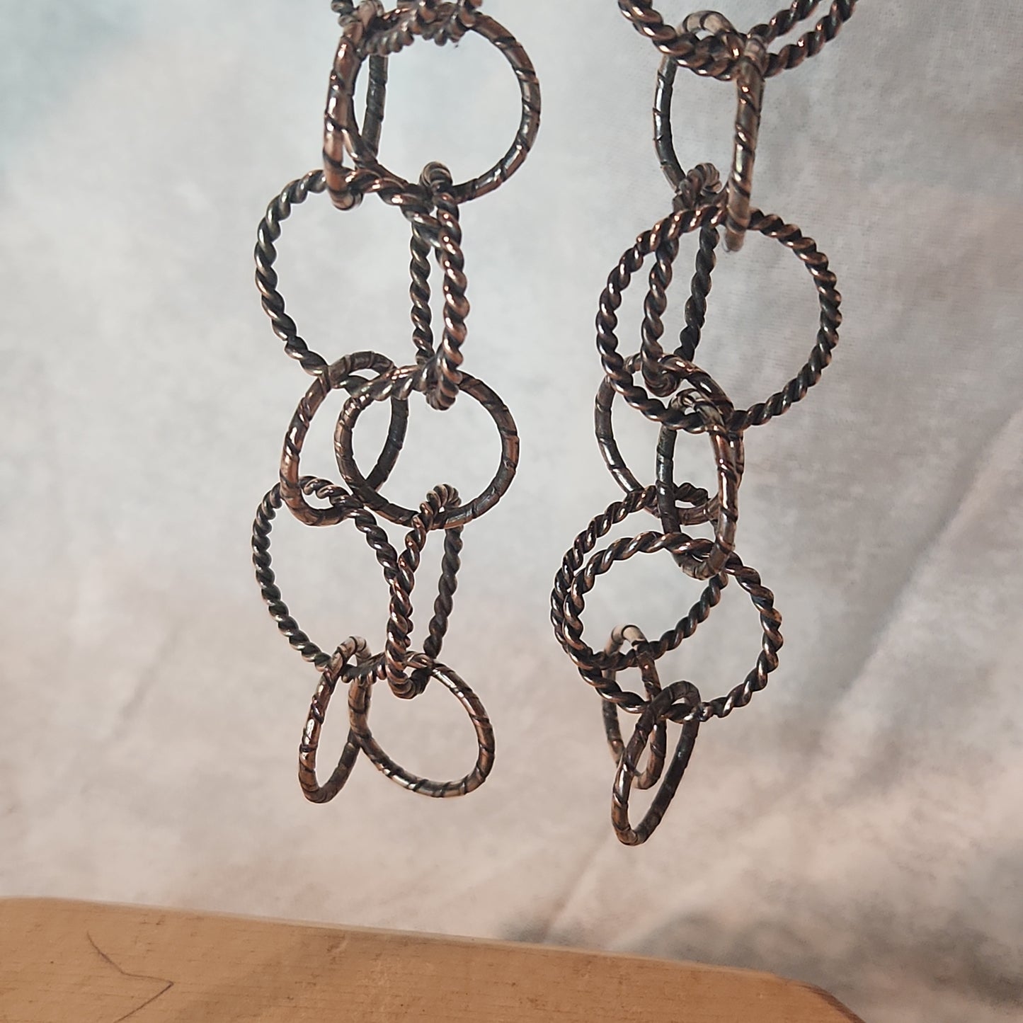 Silver Copper Brushed Circle Chain Earrings 4 3/4" Long, Circle Chain Jewelry