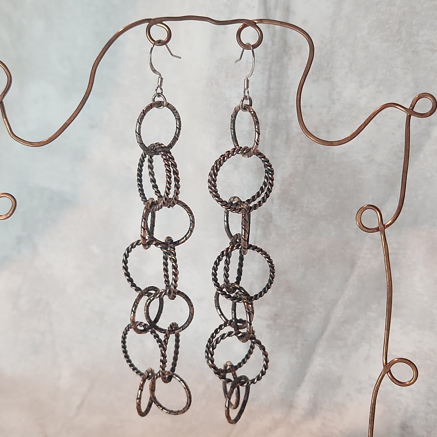 Silver Copper Brushed Circle Chain Earrings 4 3/4" Long, Circle Chain Jewelry