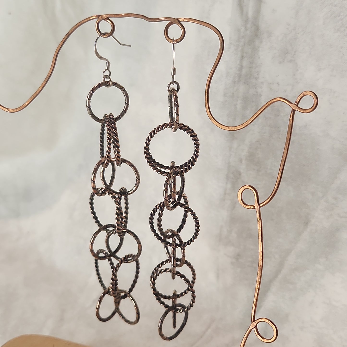 Silver Copper Brushed Circle Chain Earrings 4 3/4" Long, Circle Chain Jewelry