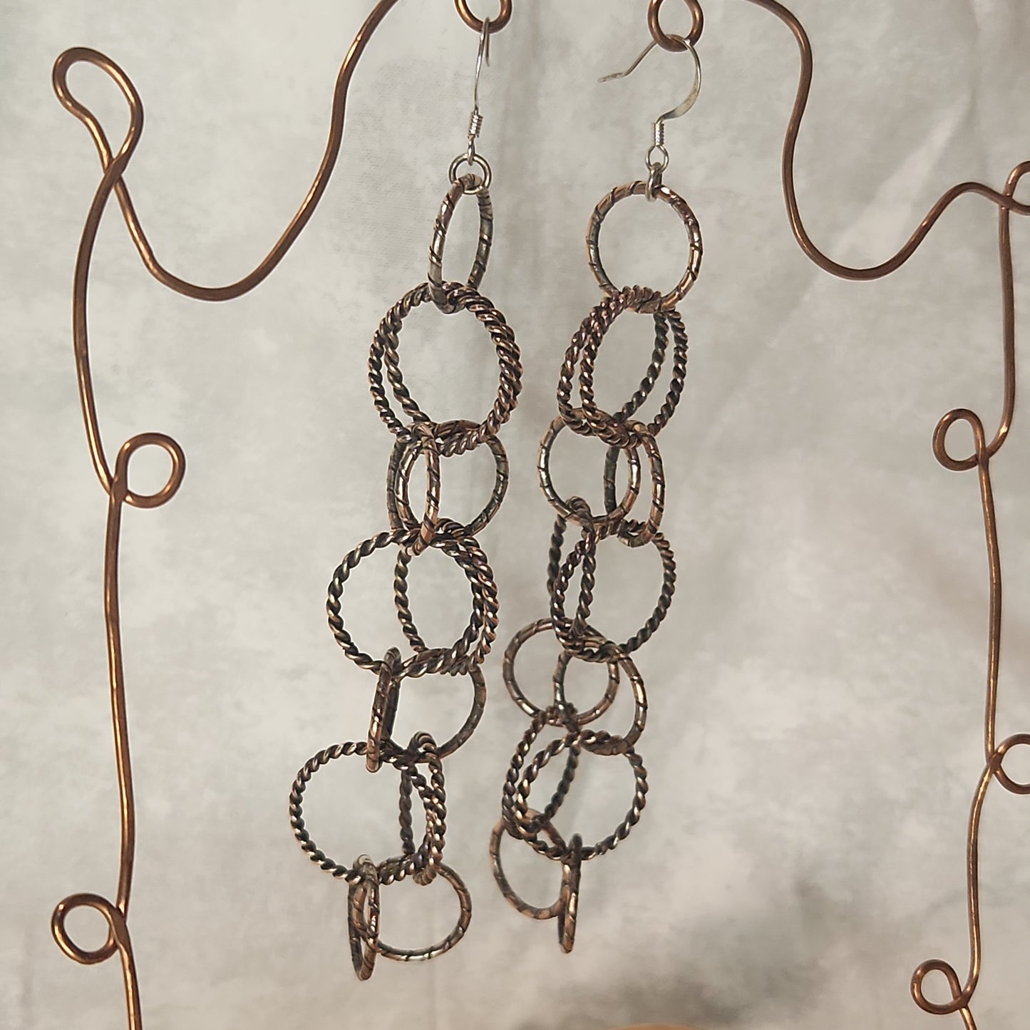 Silver Copper Brushed Circle Chain Earrings 4 3/4" Long, Circle Chain Jewelry