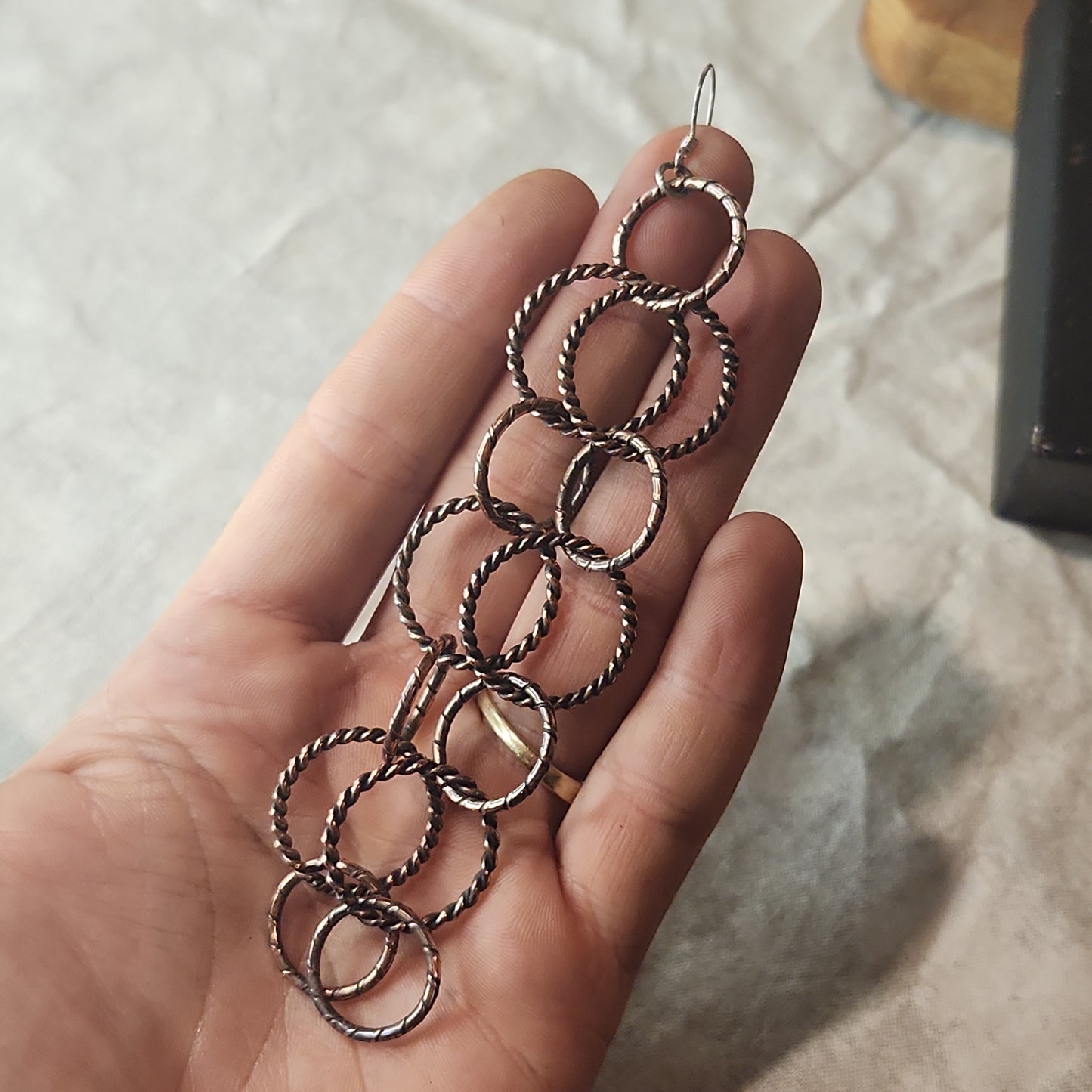 Silver Copper Brushed Circle Chain Earrings 4 3/4" Long, Circle Chain Jewelry