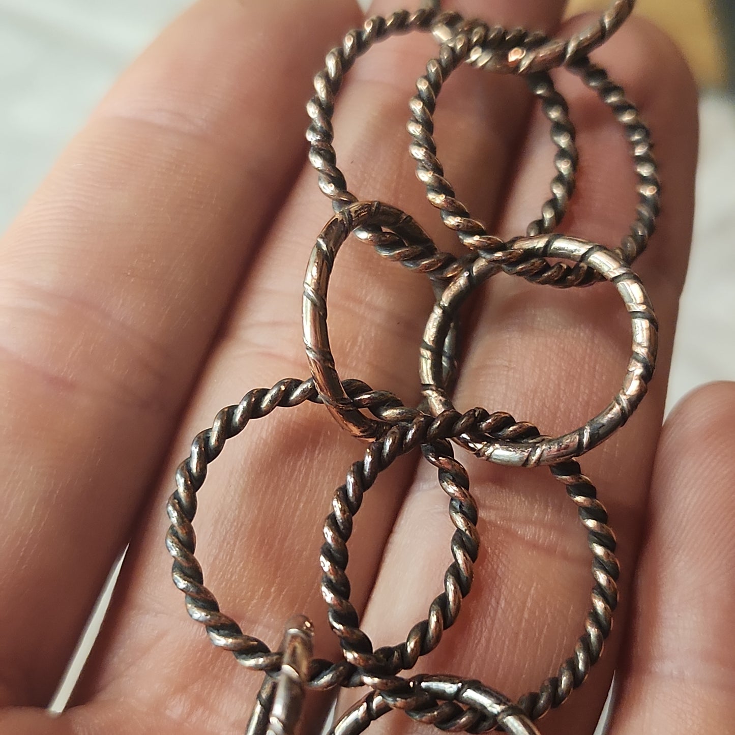 Silver Copper Brushed Circle Chain Earrings 4 3/4" Long, Circle Chain Jewelry