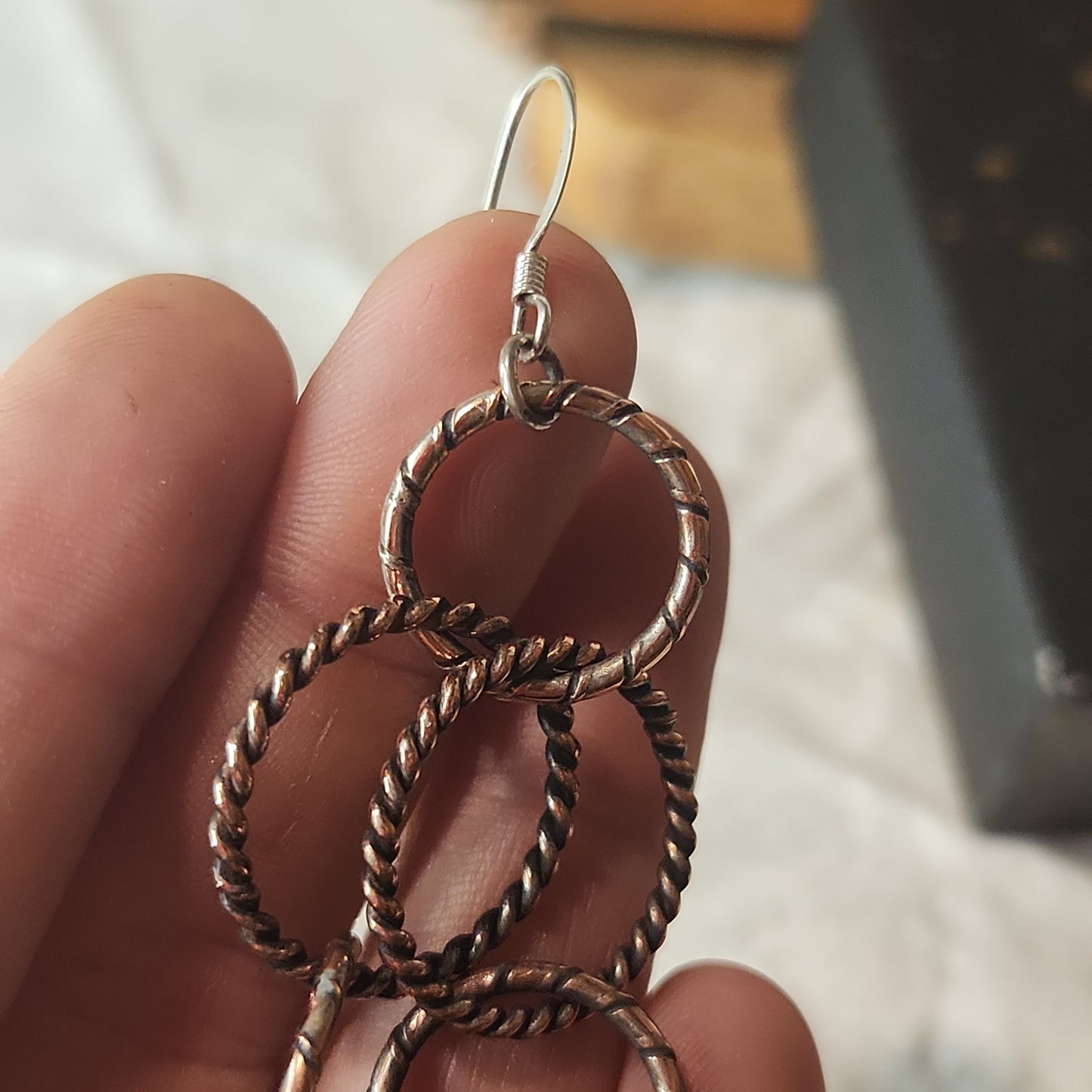 Silver Copper Brushed Circle Chain Earrings 4 3/4" Long, Circle Chain Jewelry