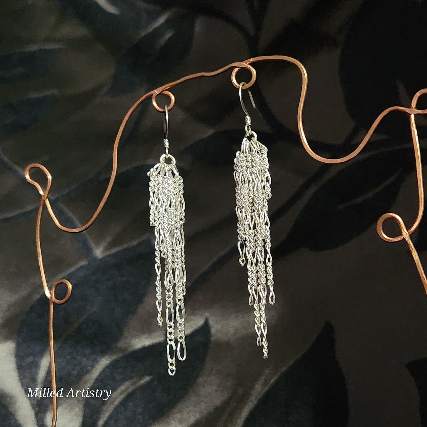 Chain Jewelry, Figaro Silver Feather Tassel Chain Earrings