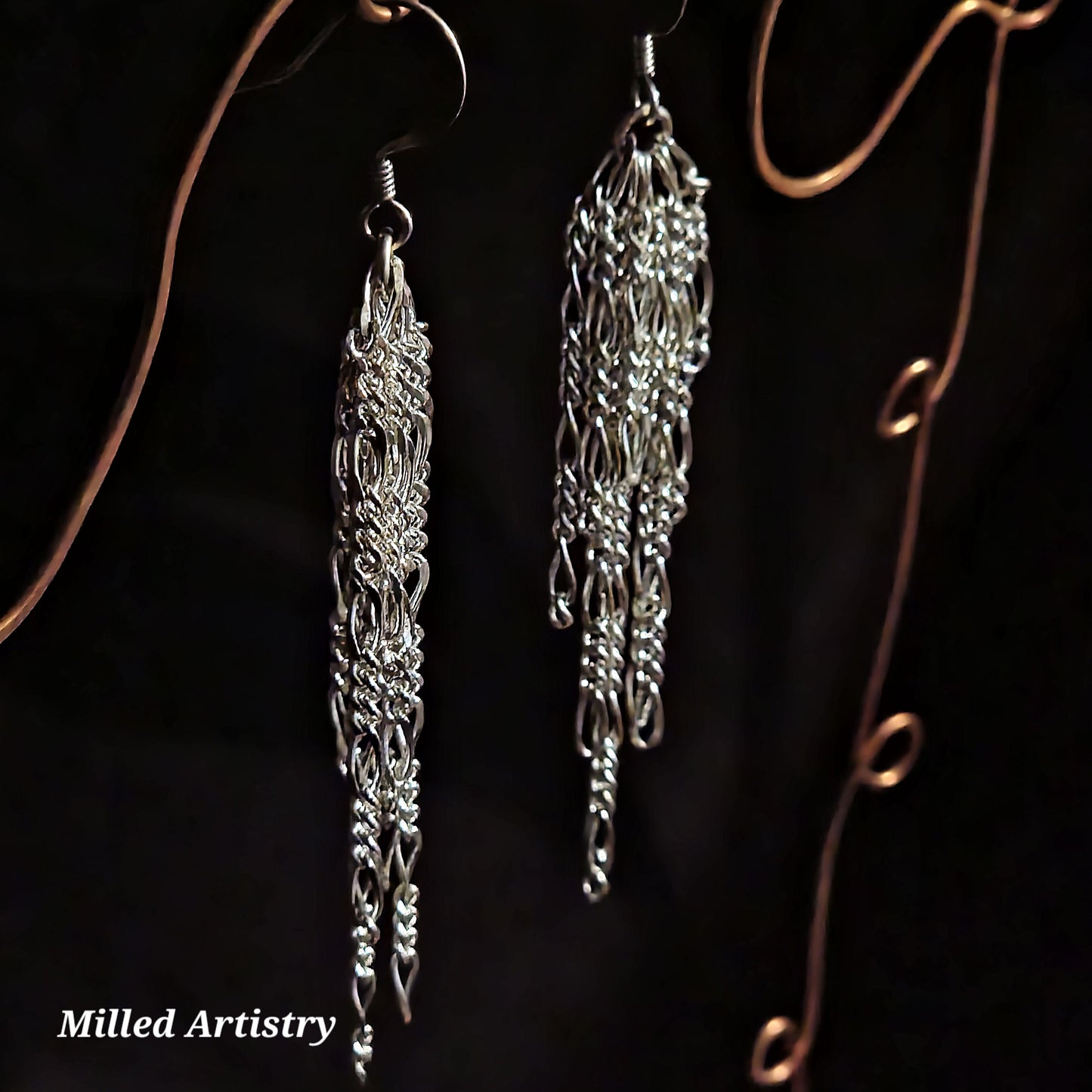Chain Jewelry, Figaro Silver Feather Tassel Chain Earrings