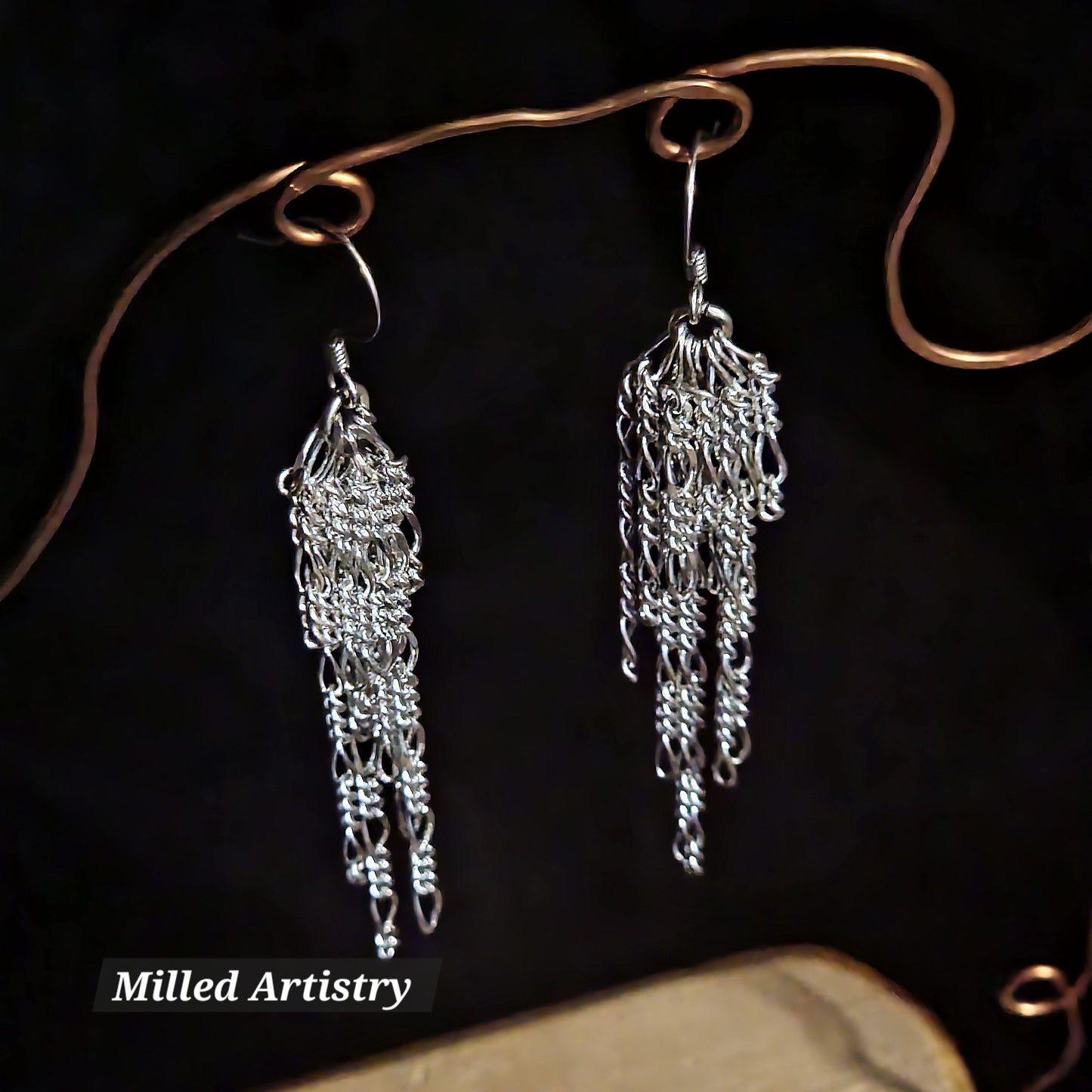 Chain Jewelry, Figaro Silver Feather Tassel Chain Earrings
