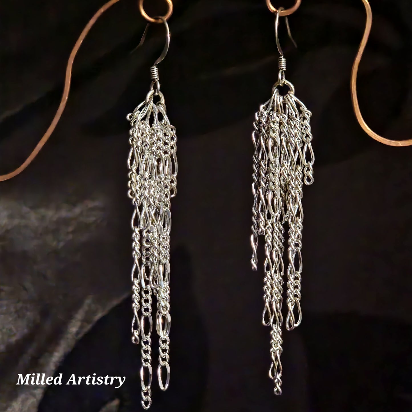 Chain Jewelry, Figaro Silver Feather Tassel Chain Earrings