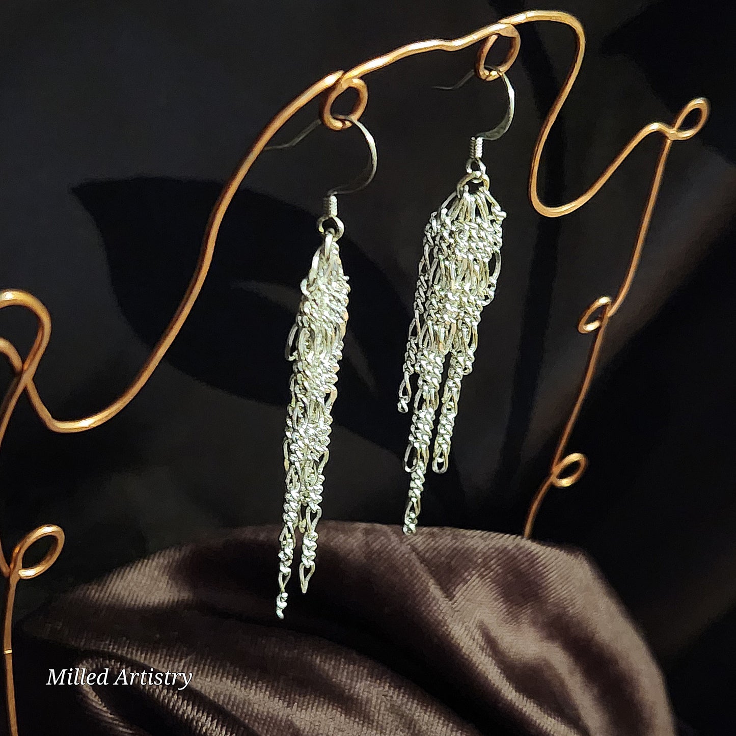 Chain Jewelry, Figaro Silver Feather Tassel Chain Earrings