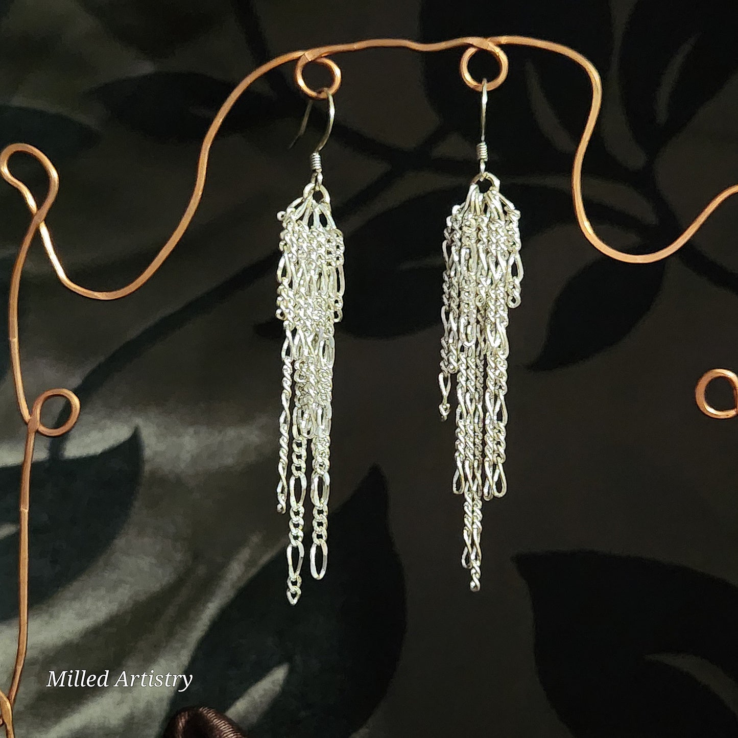 Chain Jewelry, Figaro Silver Feather Tassel Chain Earrings