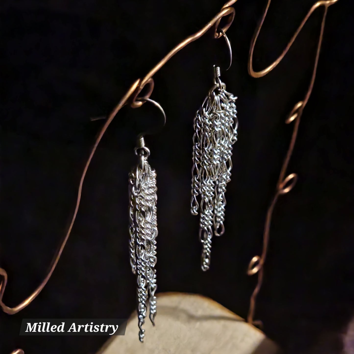 Chain Jewelry, Figaro Silver Feather Tassel Chain Earrings