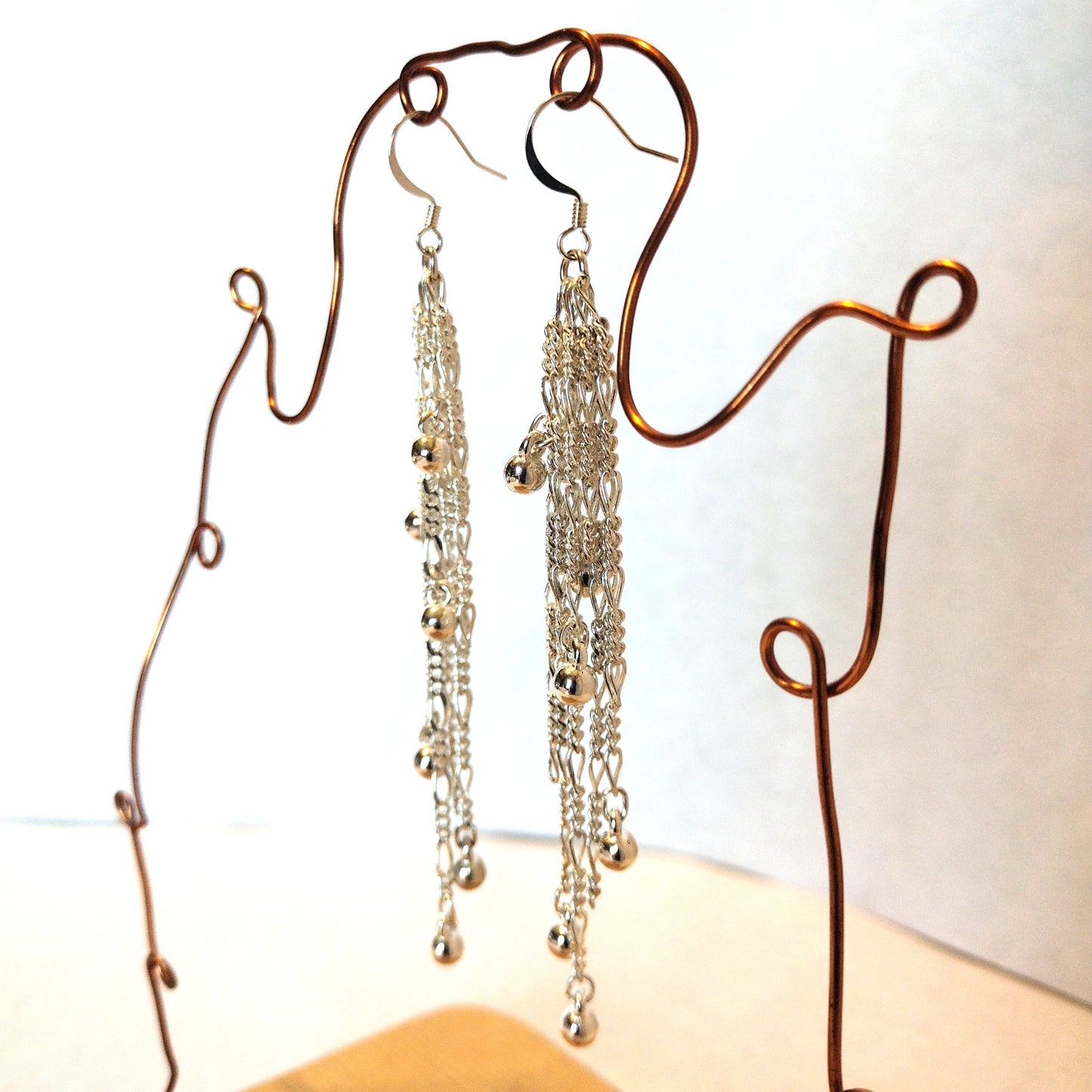 Beaded Silver Balls Cascading Waterfall Long Chandelier Earrings