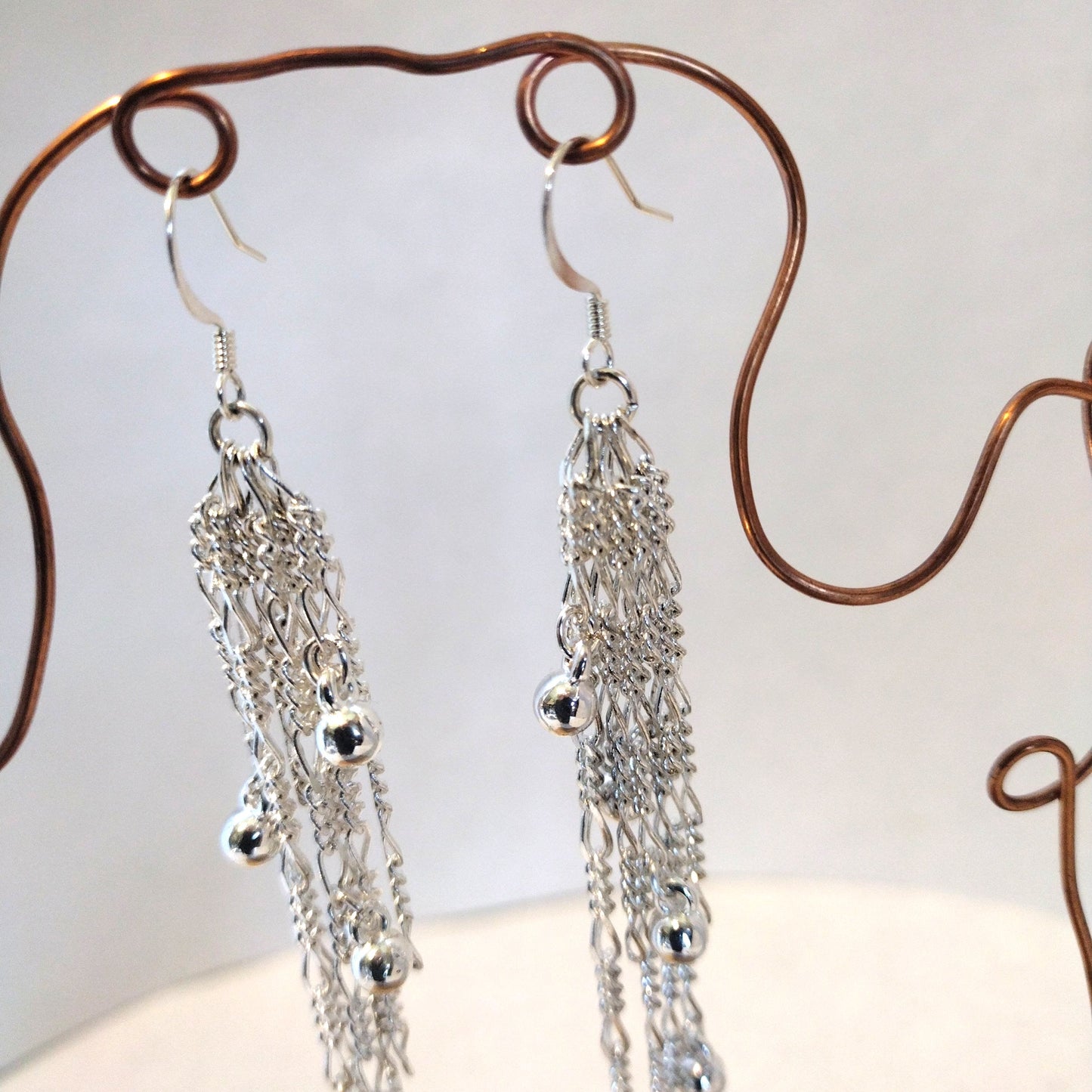 Beaded Silver Balls Cascading Waterfall Long Chandelier Earrings