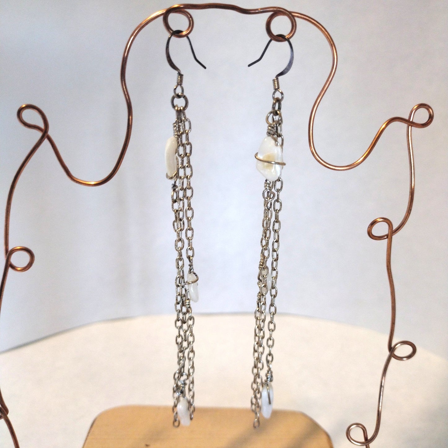 Beaded Mother of Pearl Silver Chandelier Earrings