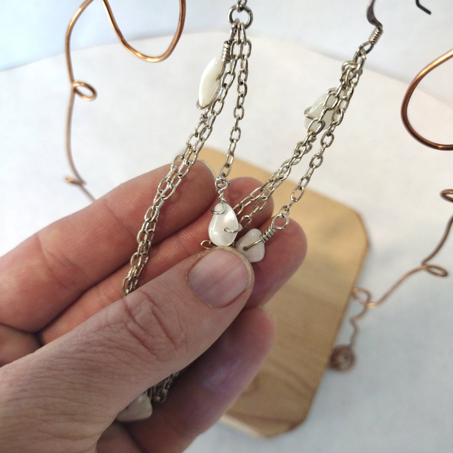 Beaded Mother of Pearl Silver Chandelier Earrings