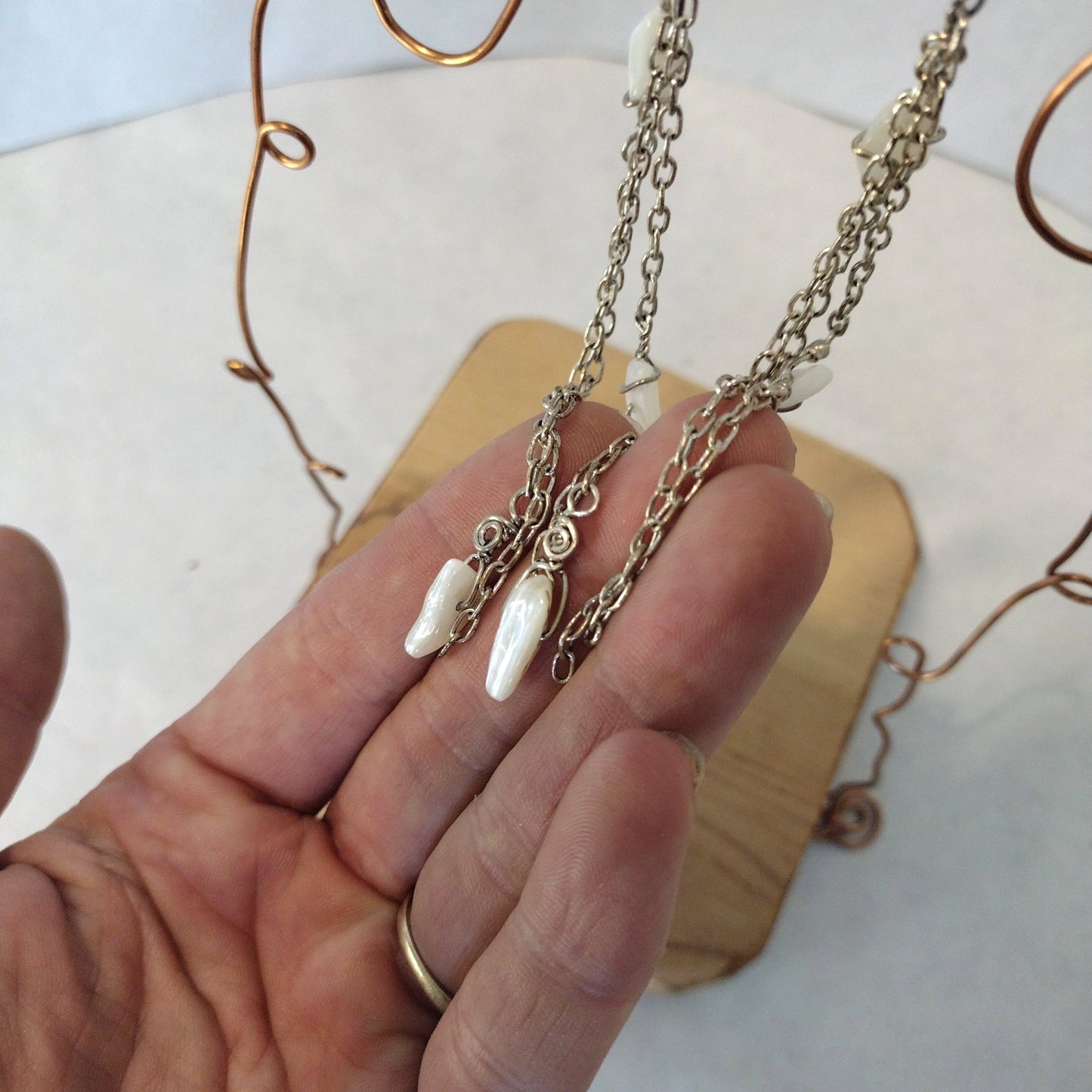 Beaded Mother of Pearl Silver Chandelier Earrings