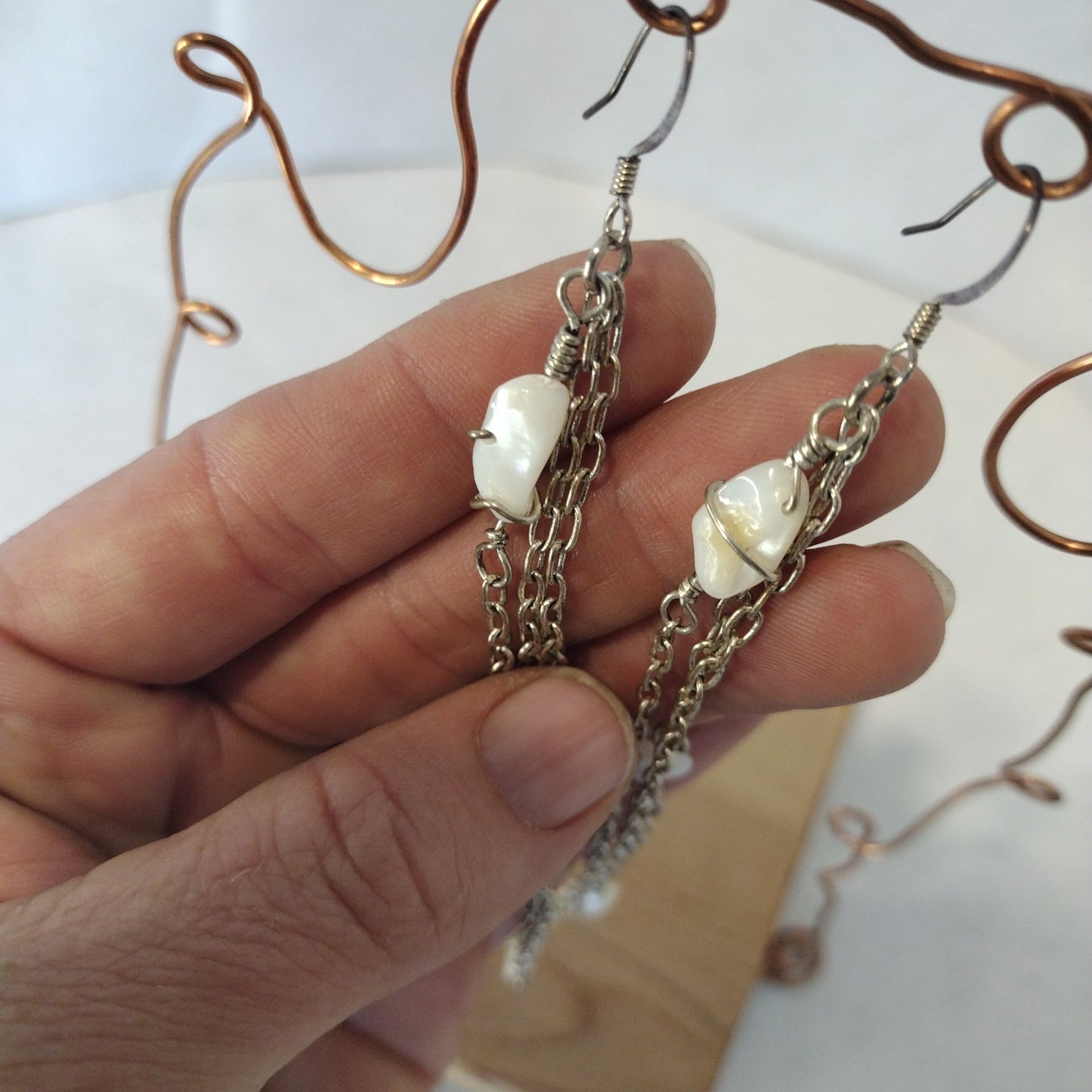 Beaded Mother of Pearl Silver Chandelier Earrings