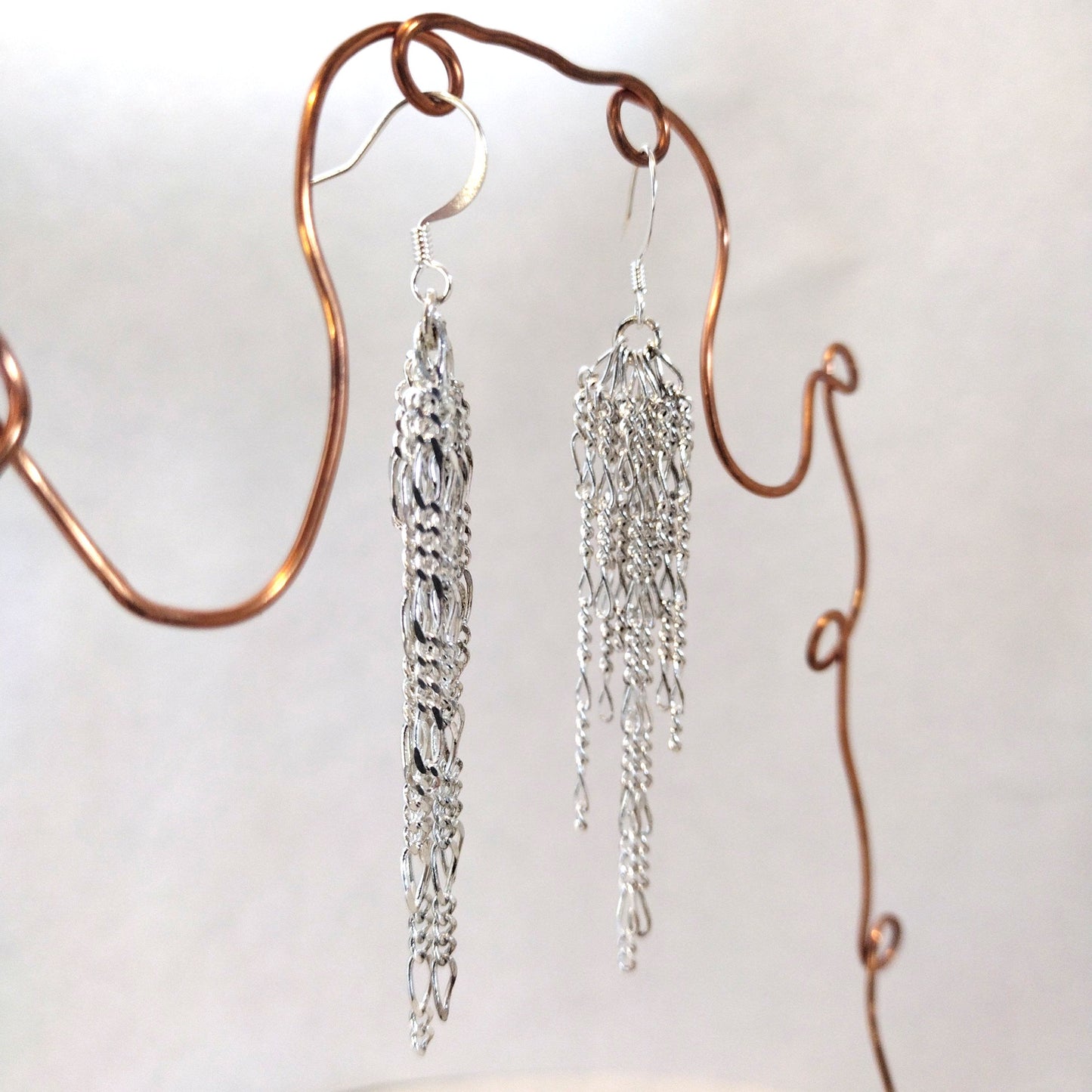 Chain Jewelry, Figaro Silver Feather Tassel Chain Earrings