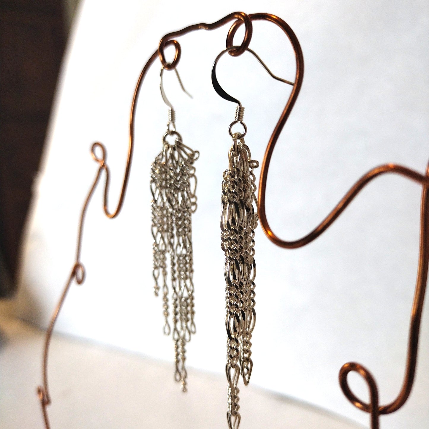 Chain Jewelry, Figaro Silver Feather Tassel Chain Earrings