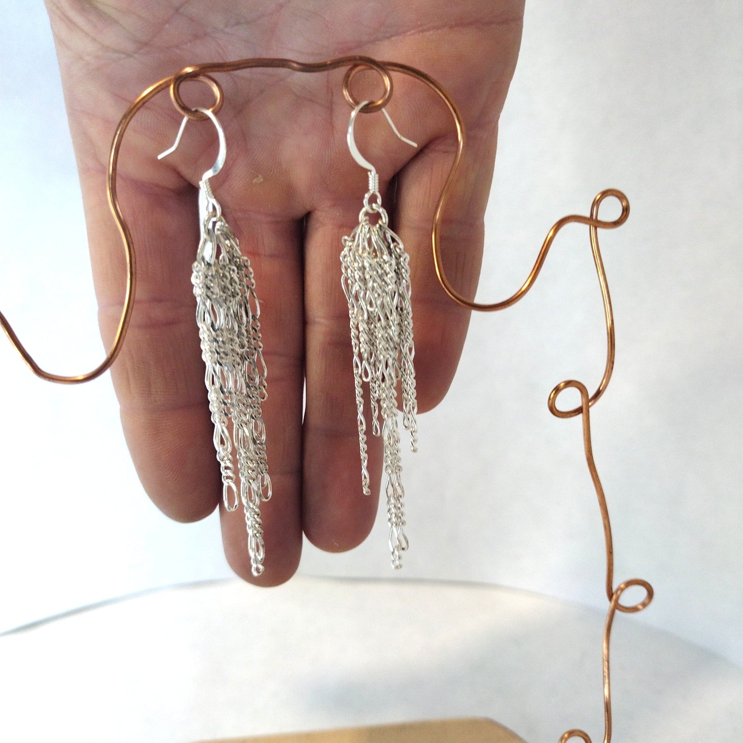 Chain Jewelry, Figaro Silver Feather Tassel Chain Earrings