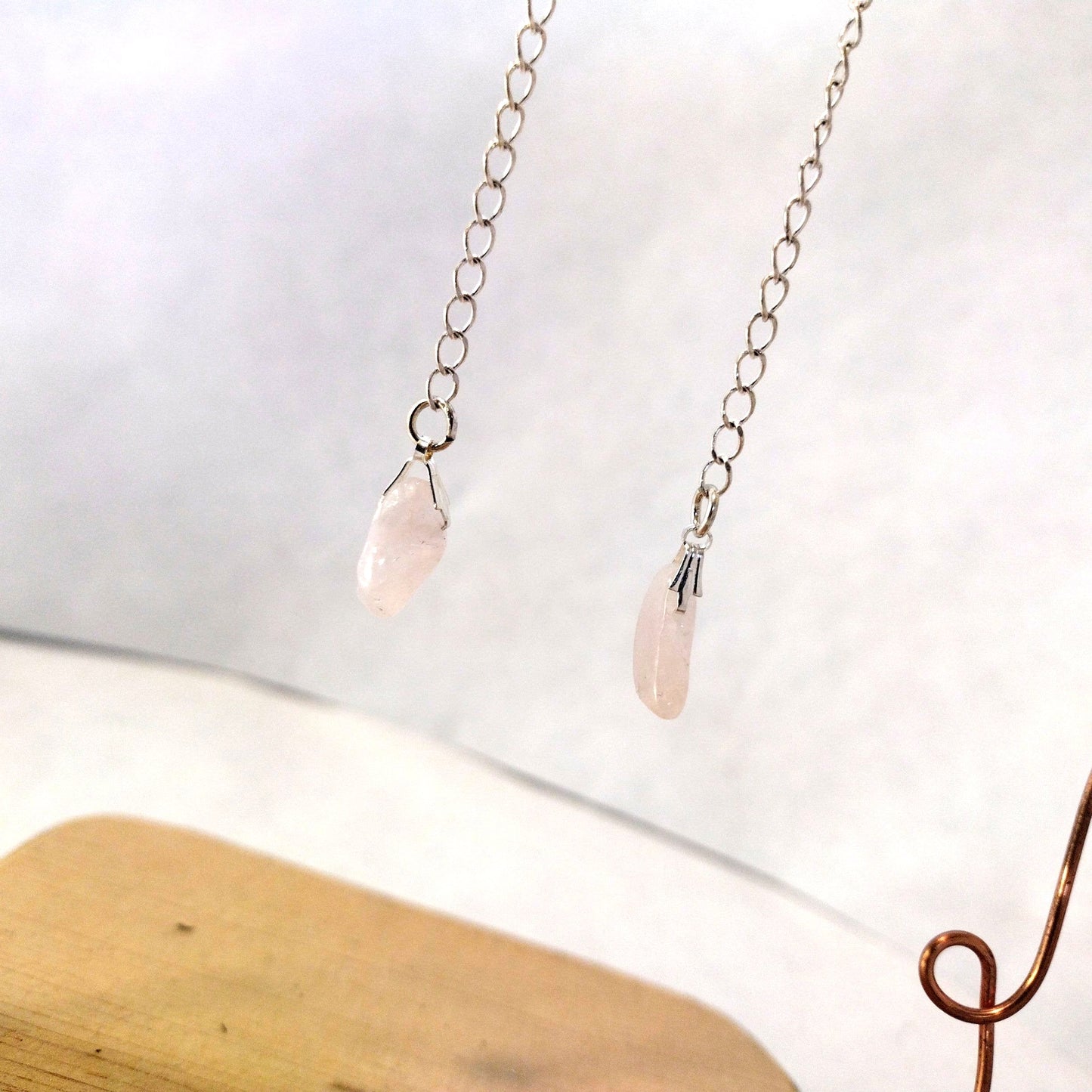 Beaded Silver p. Long Drop Rose Quartz Earrings