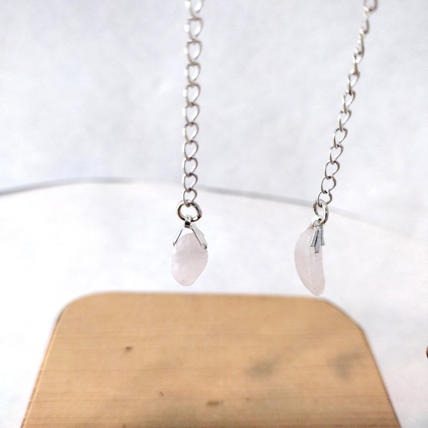 Beaded Silver p. Long Drop Rose Quartz Earrings