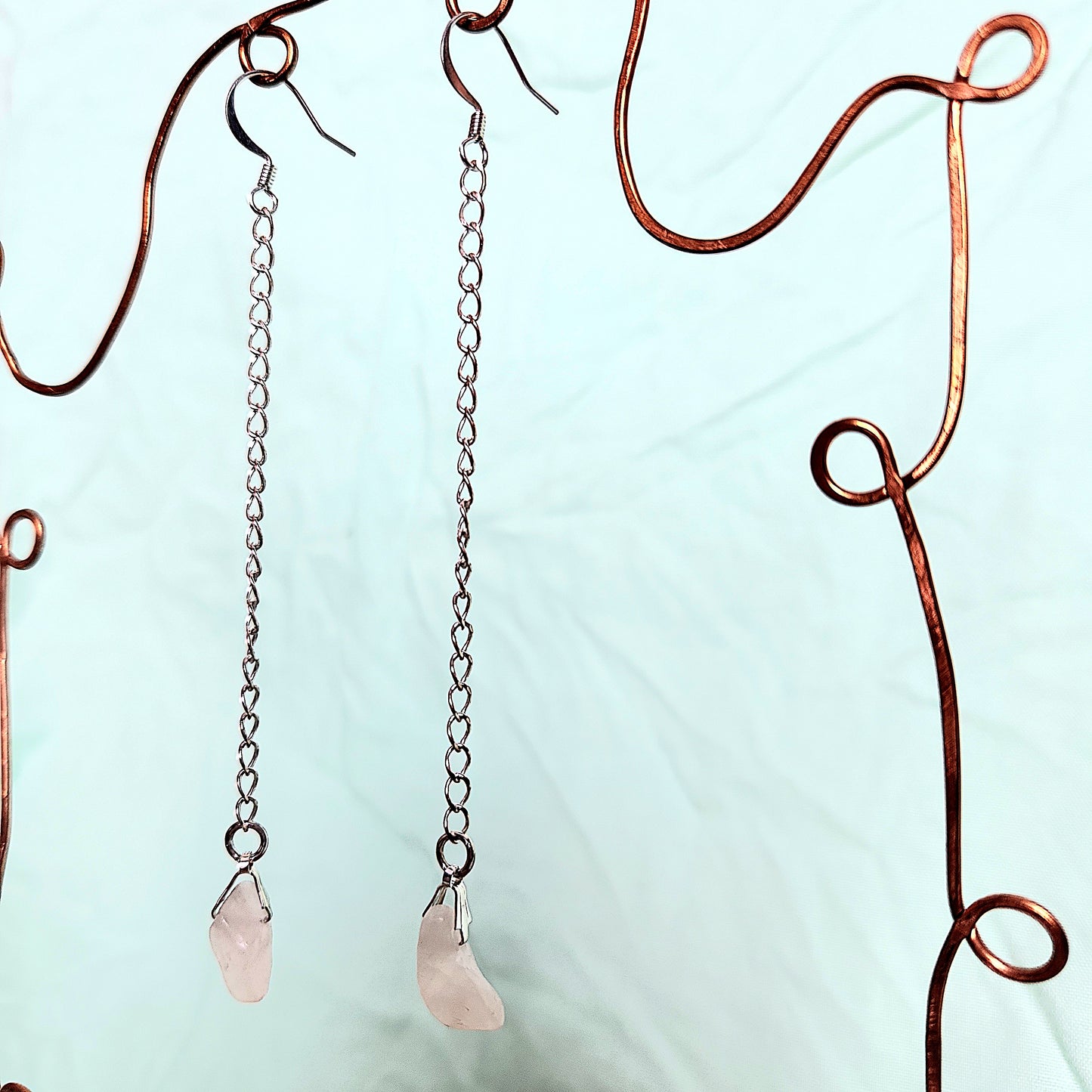 Beaded Silver p. Long Drop Rose Quartz Earrings