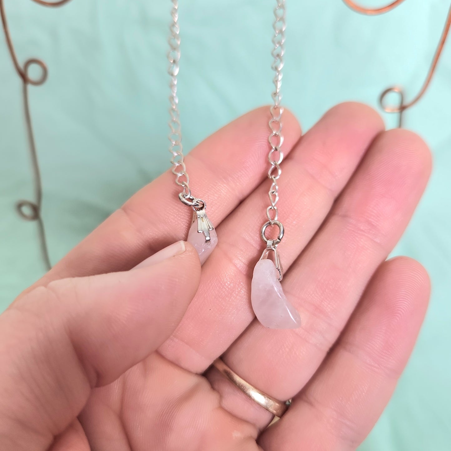 Beaded Silver p. Long Drop Rose Quartz Earrings