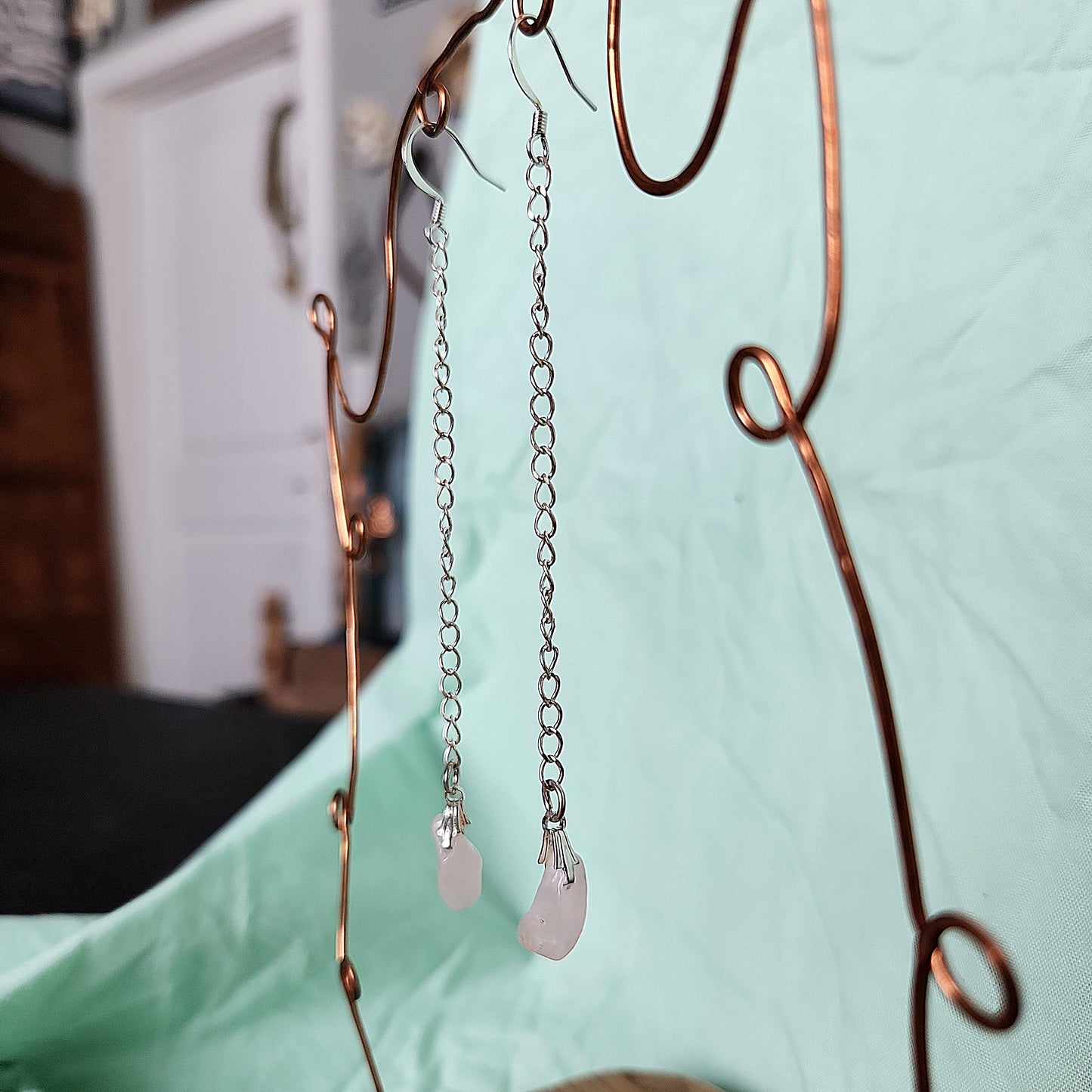 Beaded Silver p. Long Drop Rose Quartz Earrings